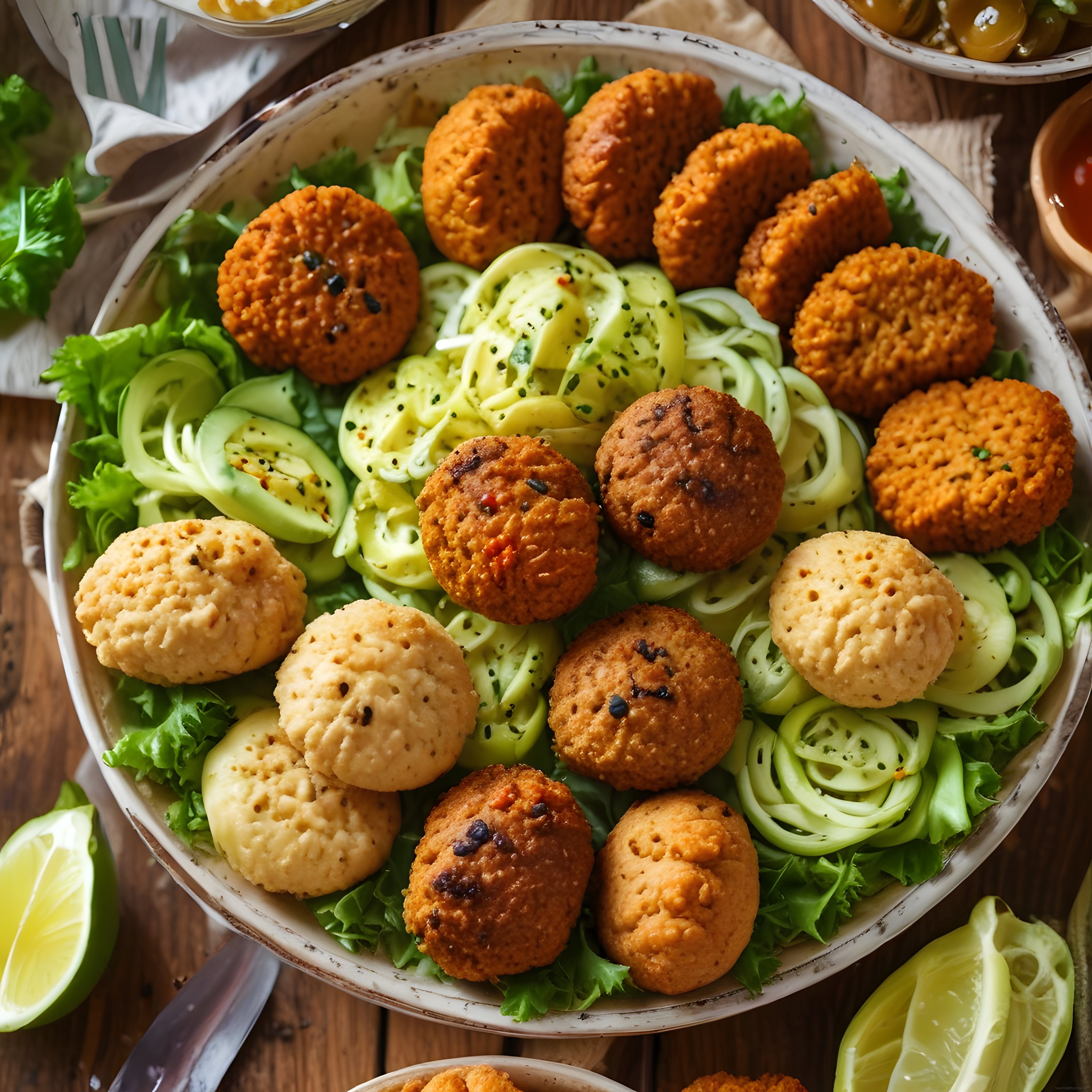 Farklı lezzetlerde falafel köfteleri ve yeşil salata ile sağlıklı sunum