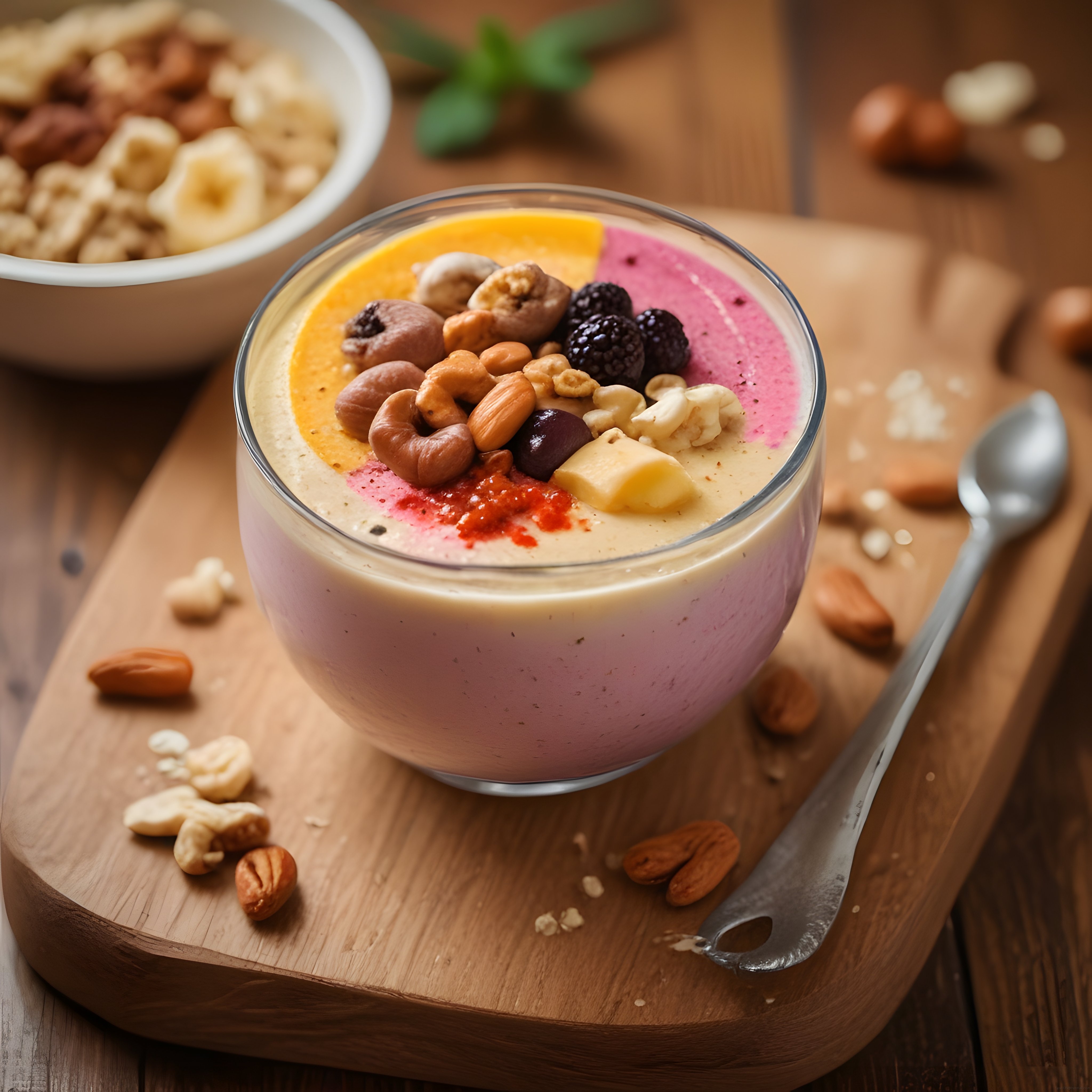 Farklı Lezzetlerde Katmanlı Smoothie Kasesi ve Karışık Kuruyemişli Kahvaltı