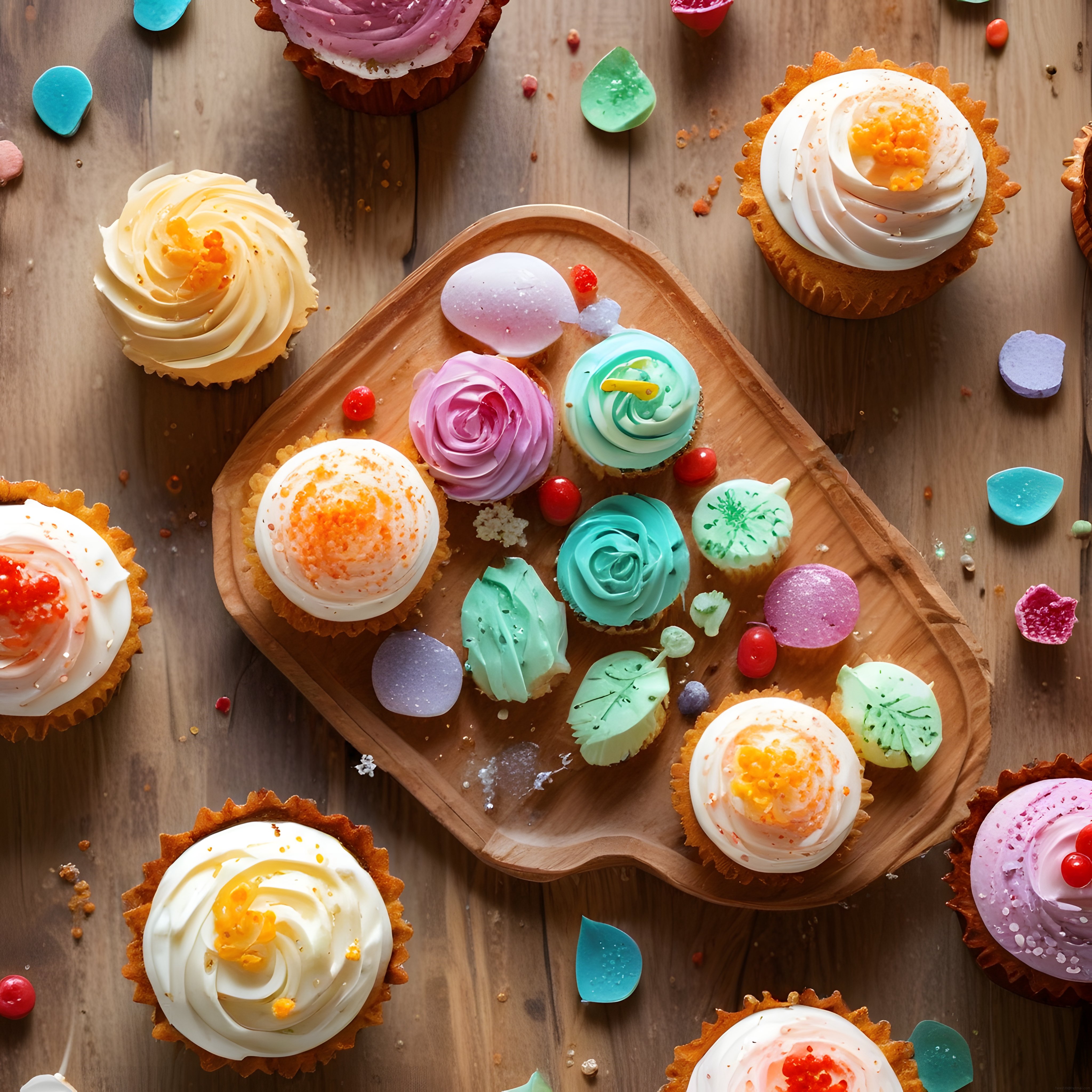 Farklı Renklerde Süslenmiş Cupcake'ler ve Mini Tartlar Ahşap Sunumda