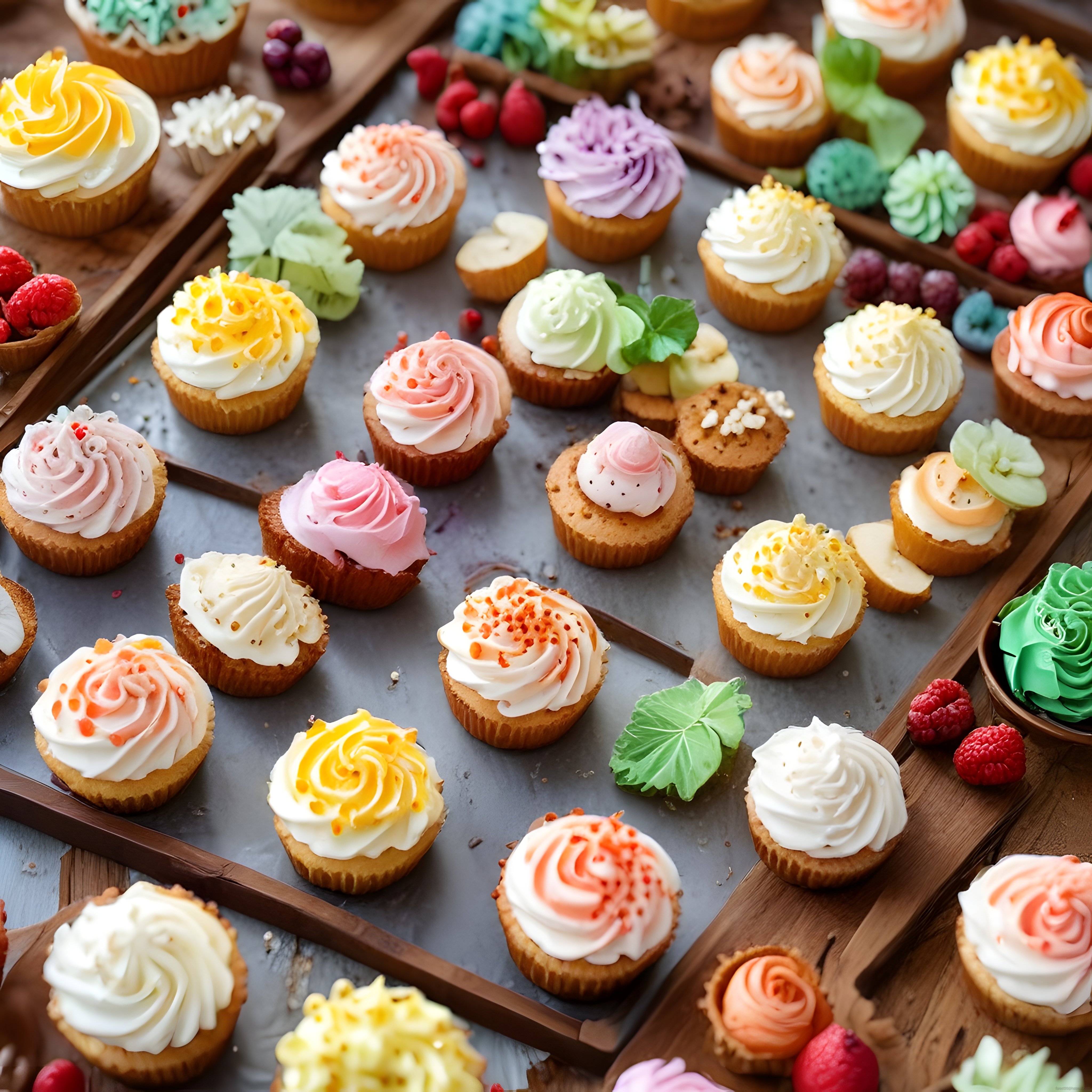 Farklı Renklerde Süslenmiş Cupcakeler ve Taze Meyveli Tatlı Sunumu