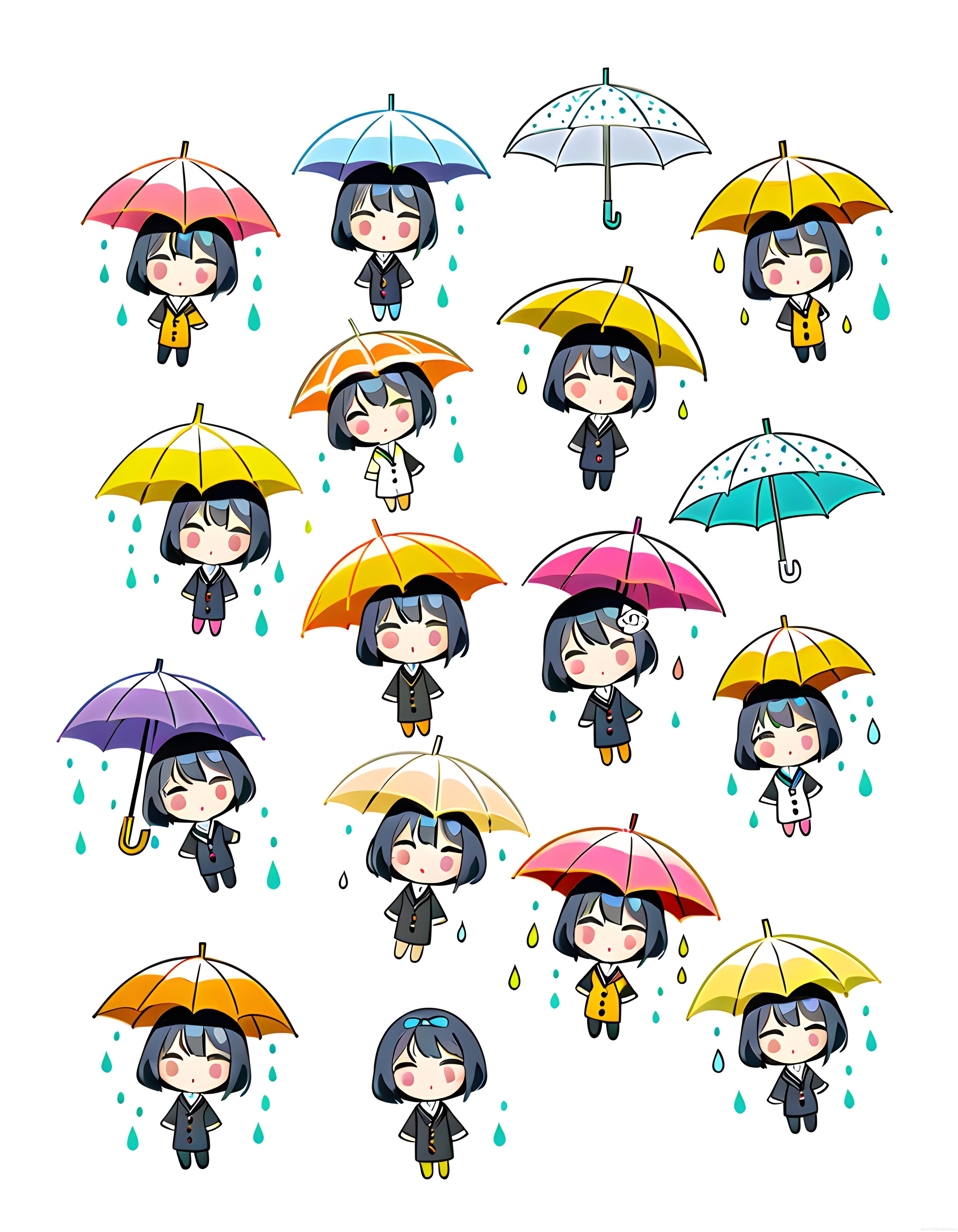 Farklı Renkli Şemsiyeler Tutan Sevimli Chibi Anime Kızları Yağmur Temalı Çizim Seti