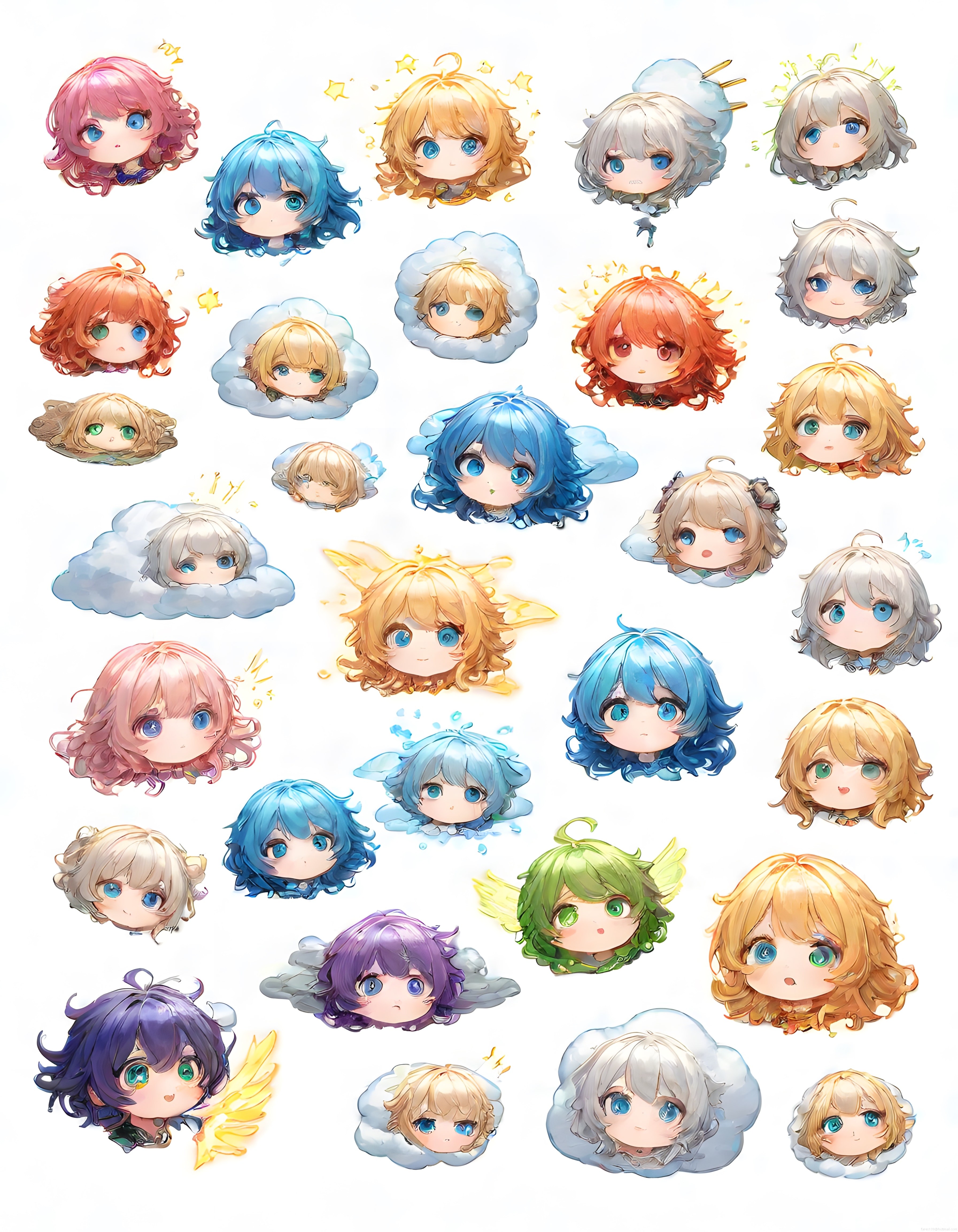 Farklı Ruh Halleriyle Renkli Saçlı Chibi Anime Kız Karakter Tasarım Seti