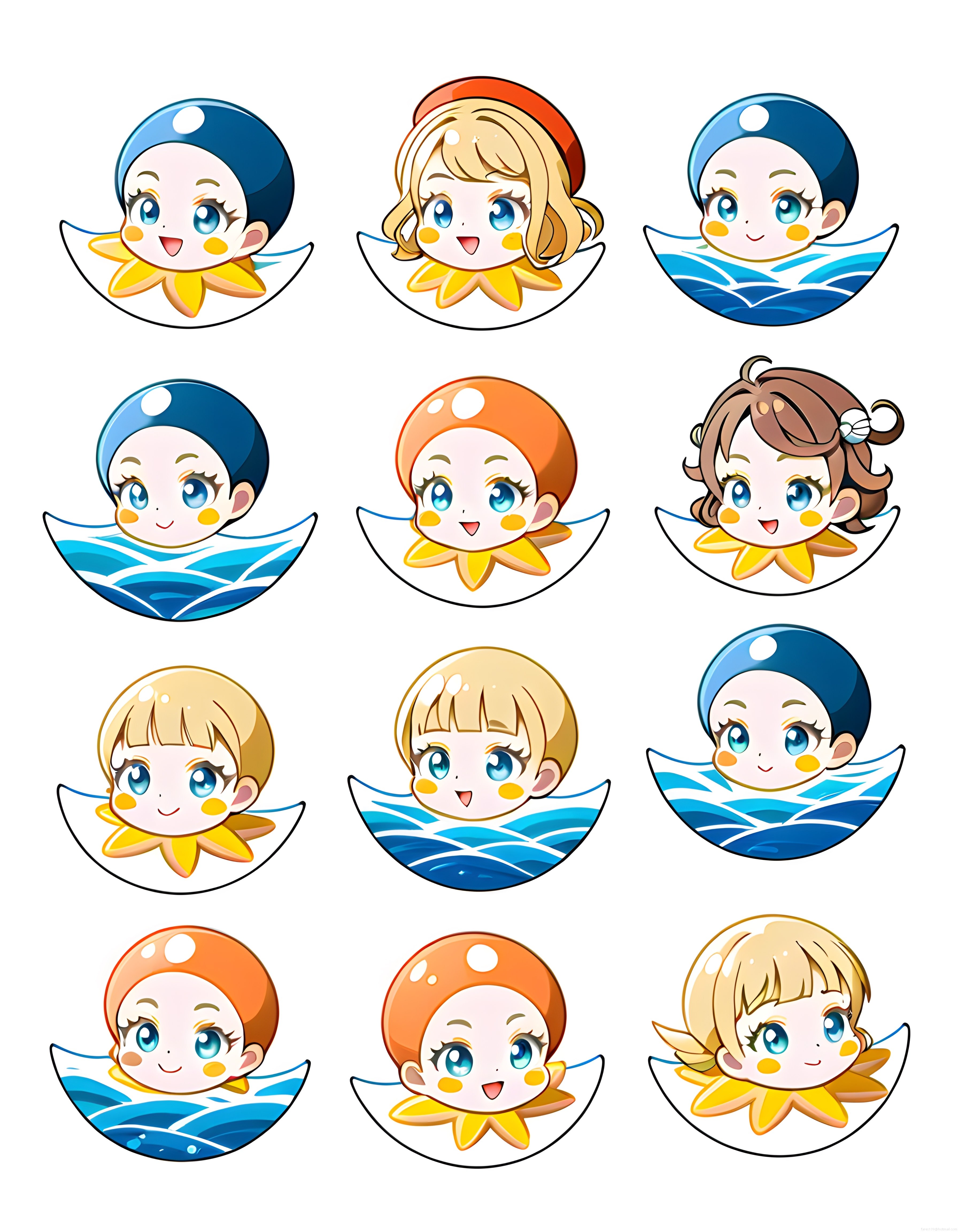 Farklı Saç ve Şapkalı Sevimli Chibi Karakter Yüzleri Dijital Seti