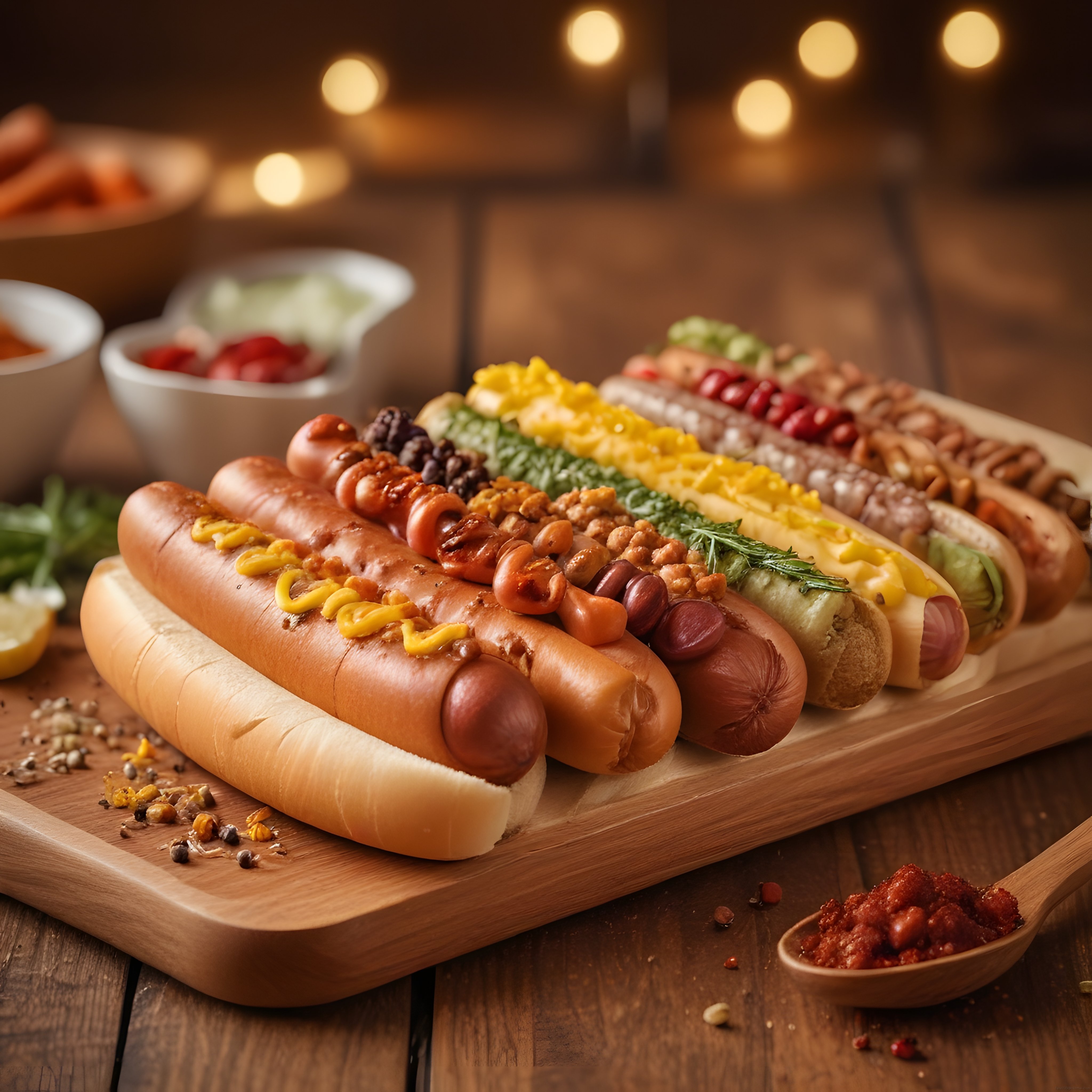Farklı Sos ve Malzemelerle Süslenmiş Gourmet Hot Dog Çeşitleri Sunum Tahtası