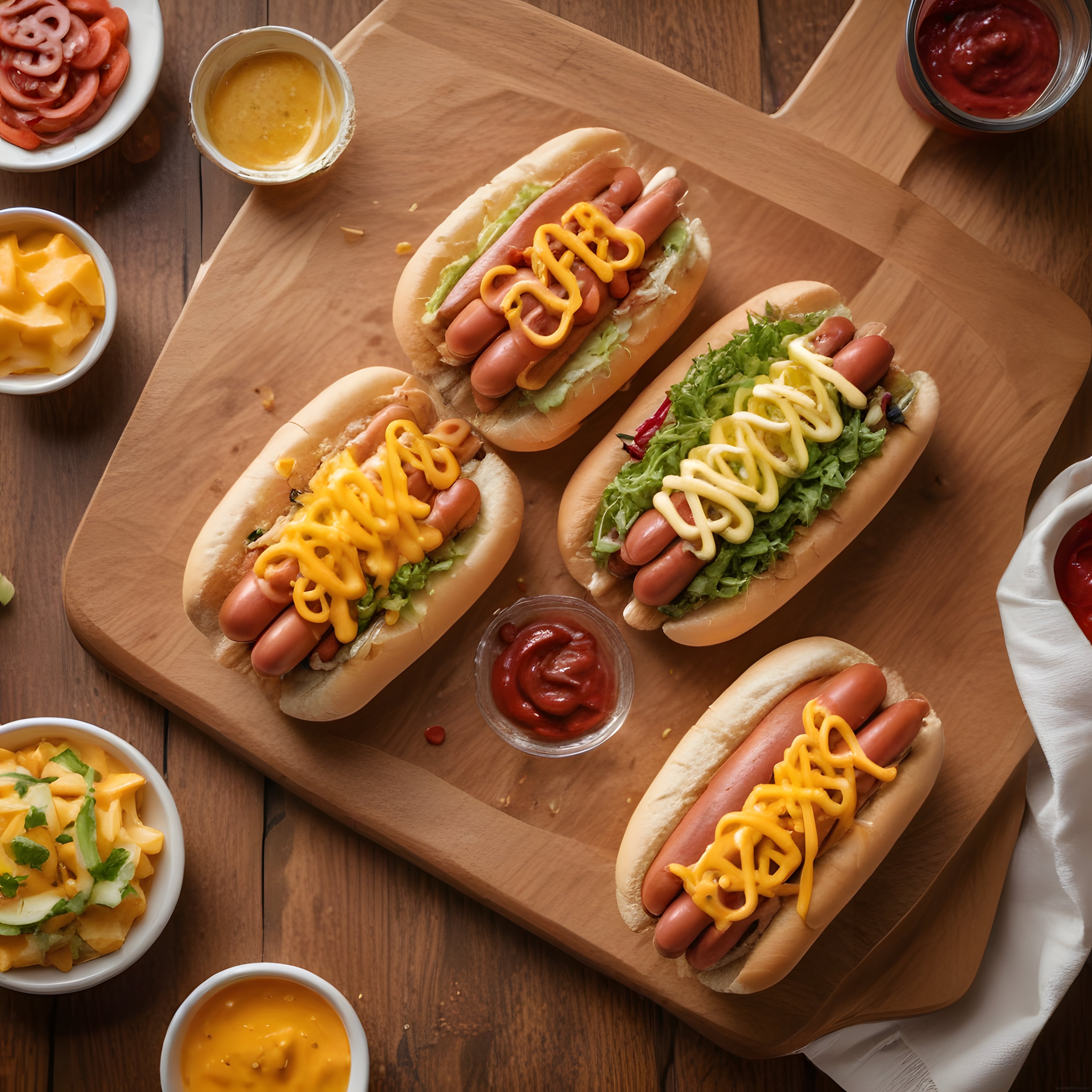 Farklı Soslarla Sunulan Lezzetli Hot Dog Çeşitleri Ahşap Sunum Tahtasında
