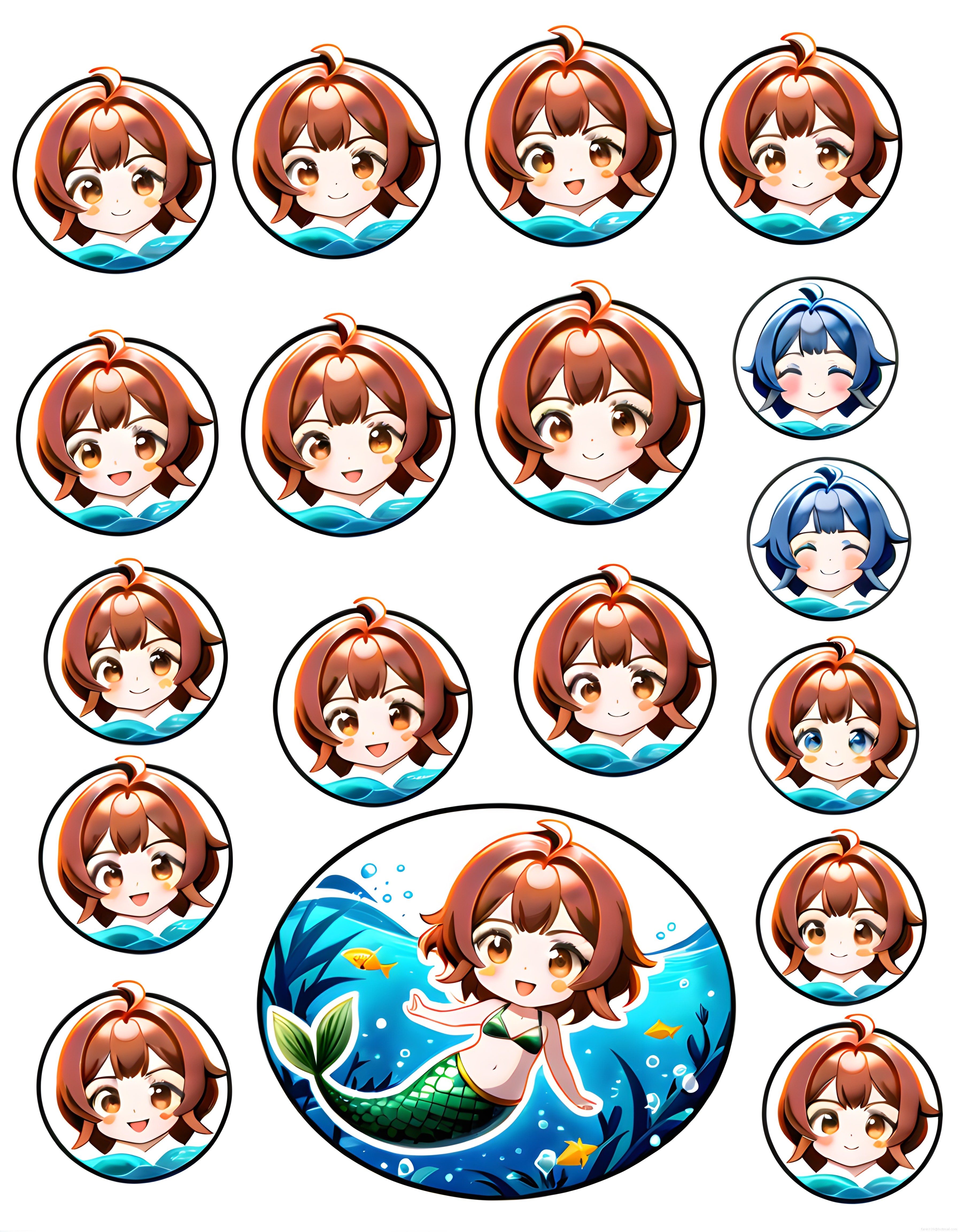 Farklı Yüz İfadeleriyle Sevimli Chibi Anime Kız ve Deniz Kızı Avatar Seti