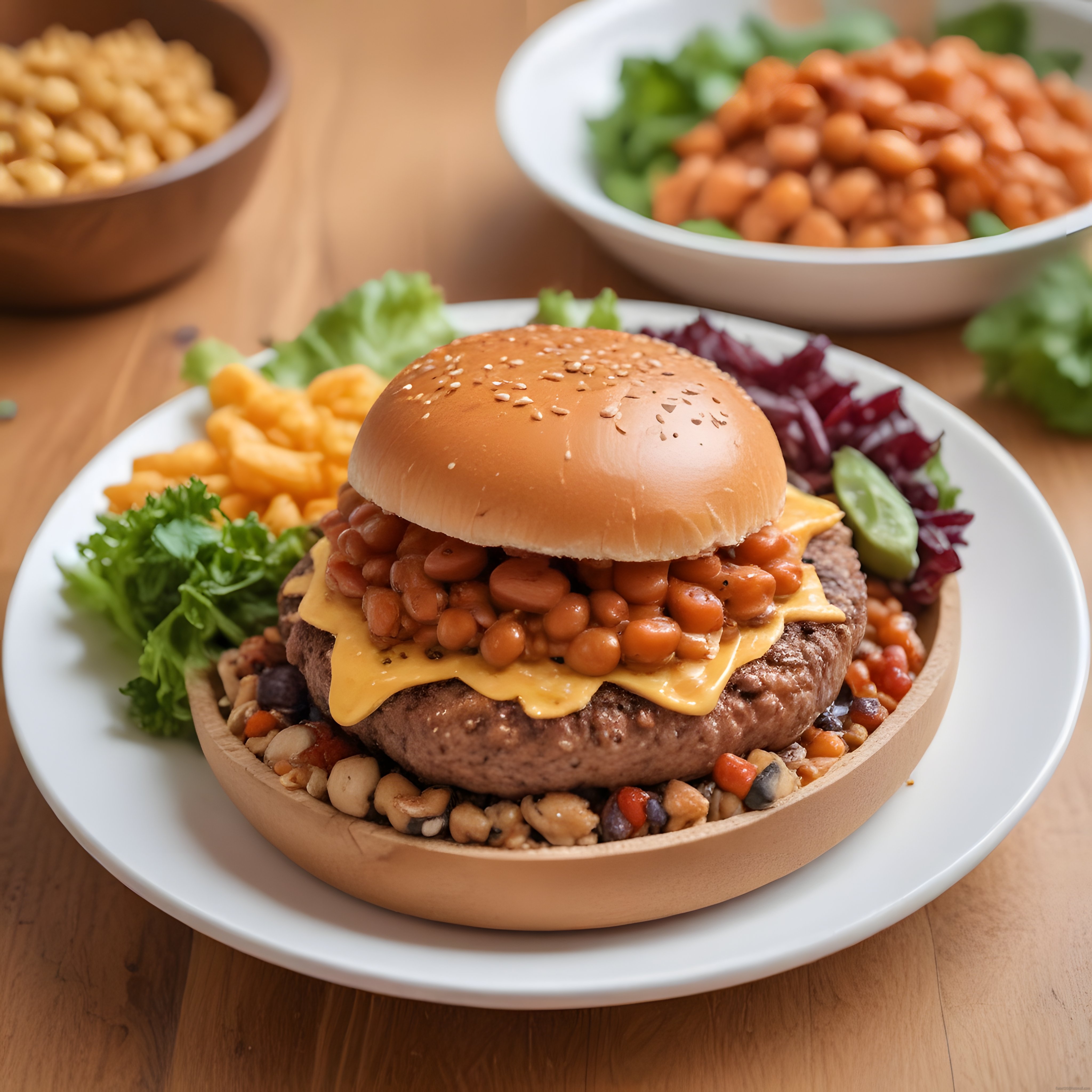 Fasulyeli Cheddar Burger, Makarna Salatası ve Taze Yeşillik Sunumu