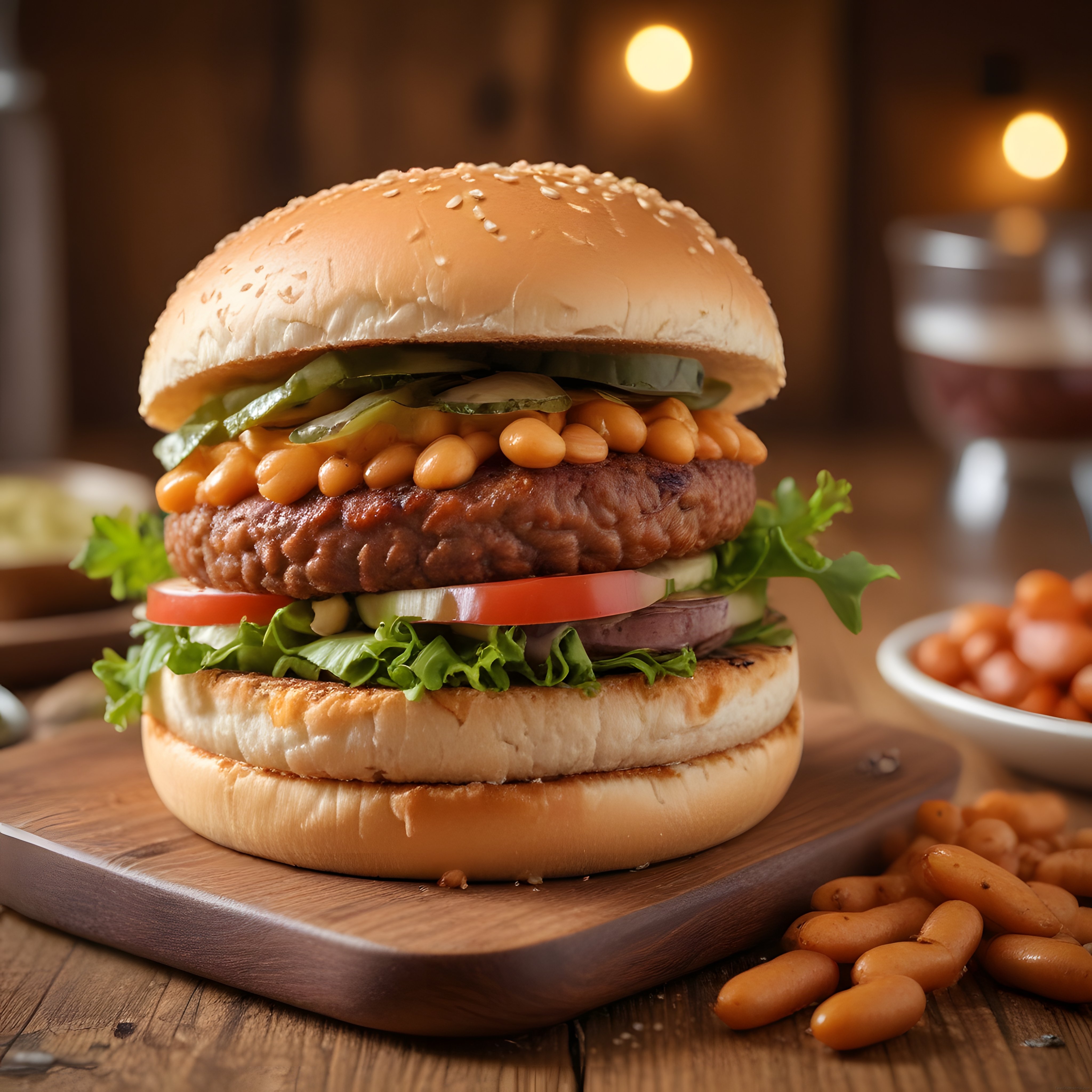 Fasulyeli Gourmet Hamburger: Taze Sebzeler ve Izgara Köfte ile Rustik Masa Sunumu