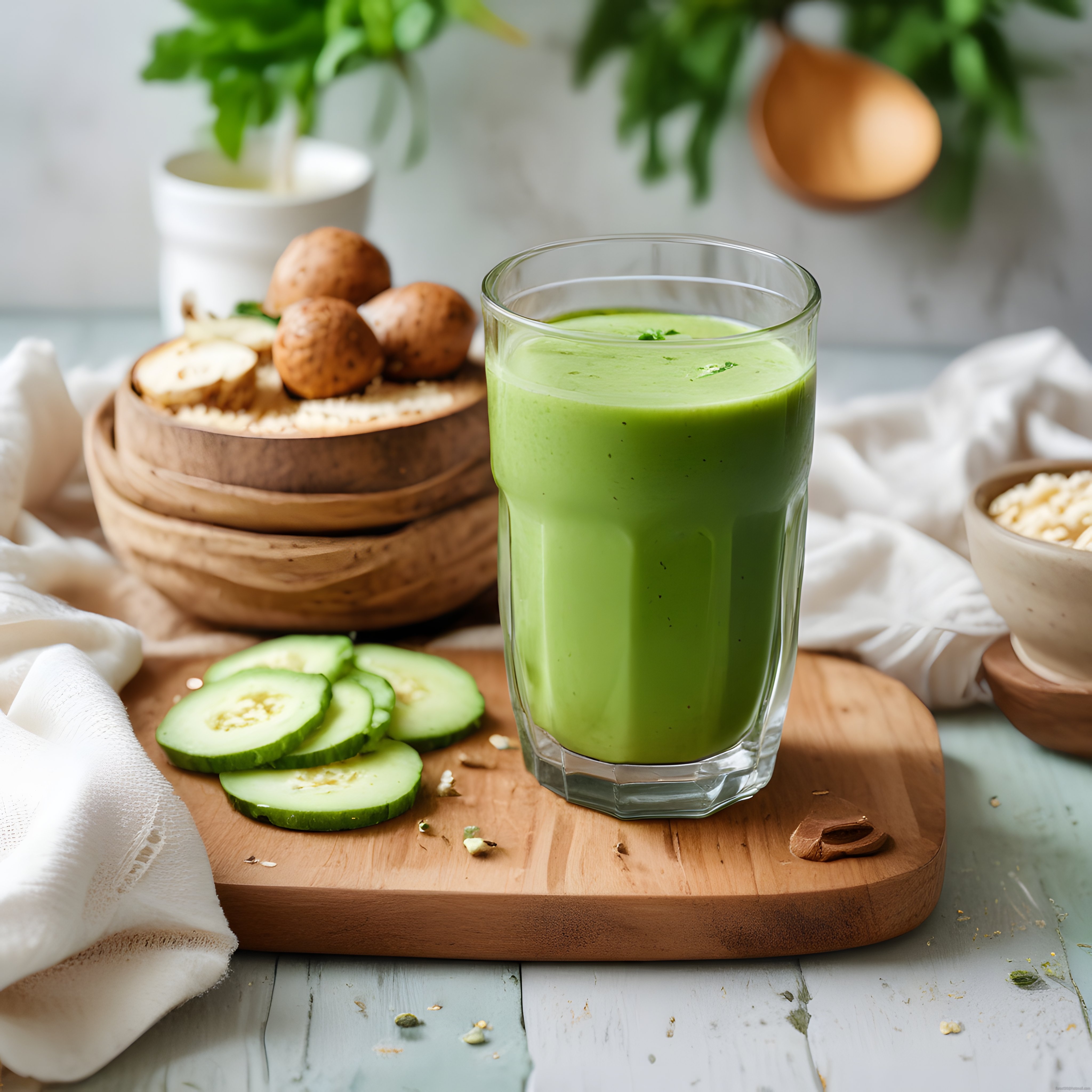 Ferahlatıcı Yeşil Detox Smoothie ve Taze Malzemeleriyle Doğal Sunum