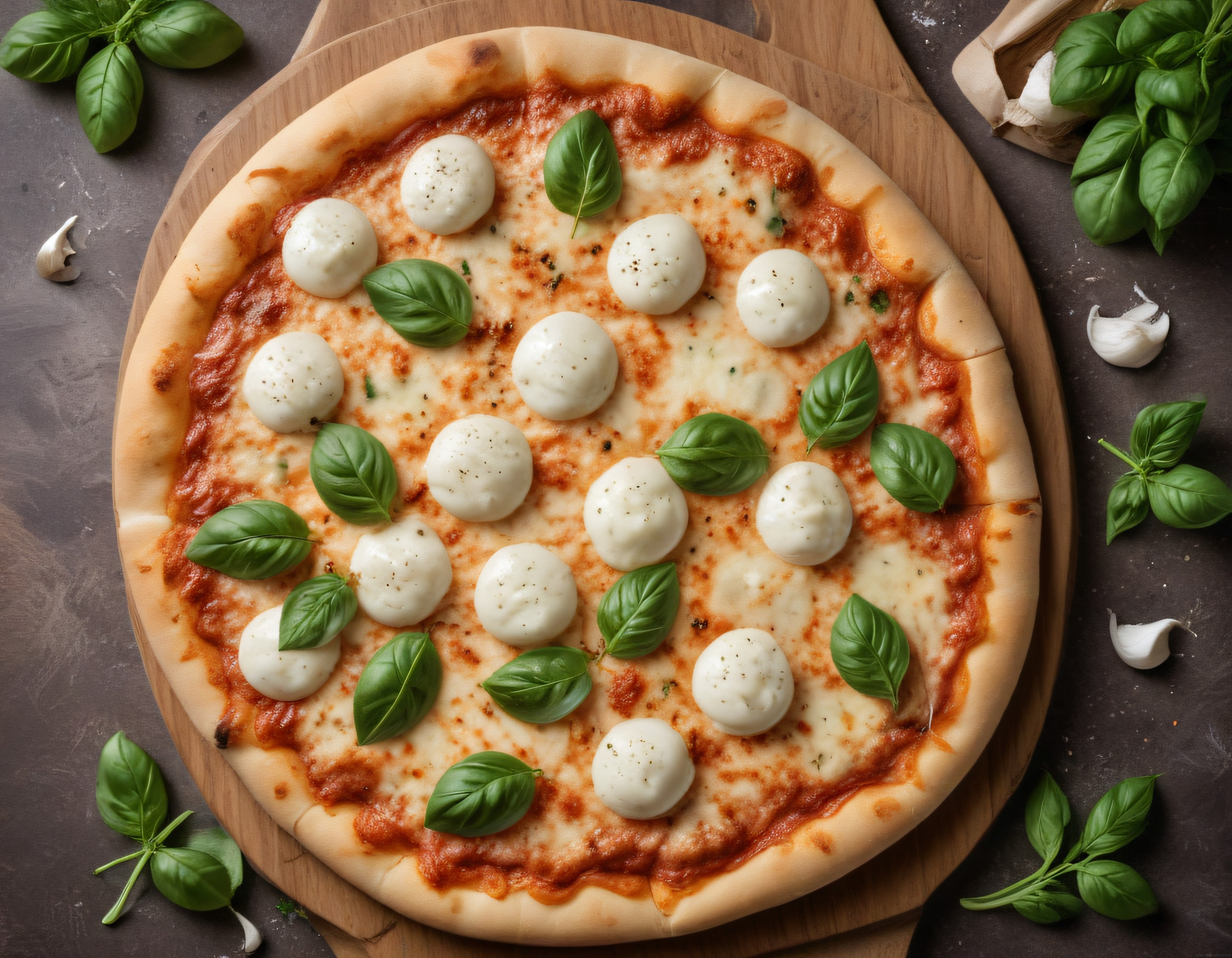 Fesleğen ve Mozzarella Toplarıyla Süslenmiş Taze Pizza Margherita