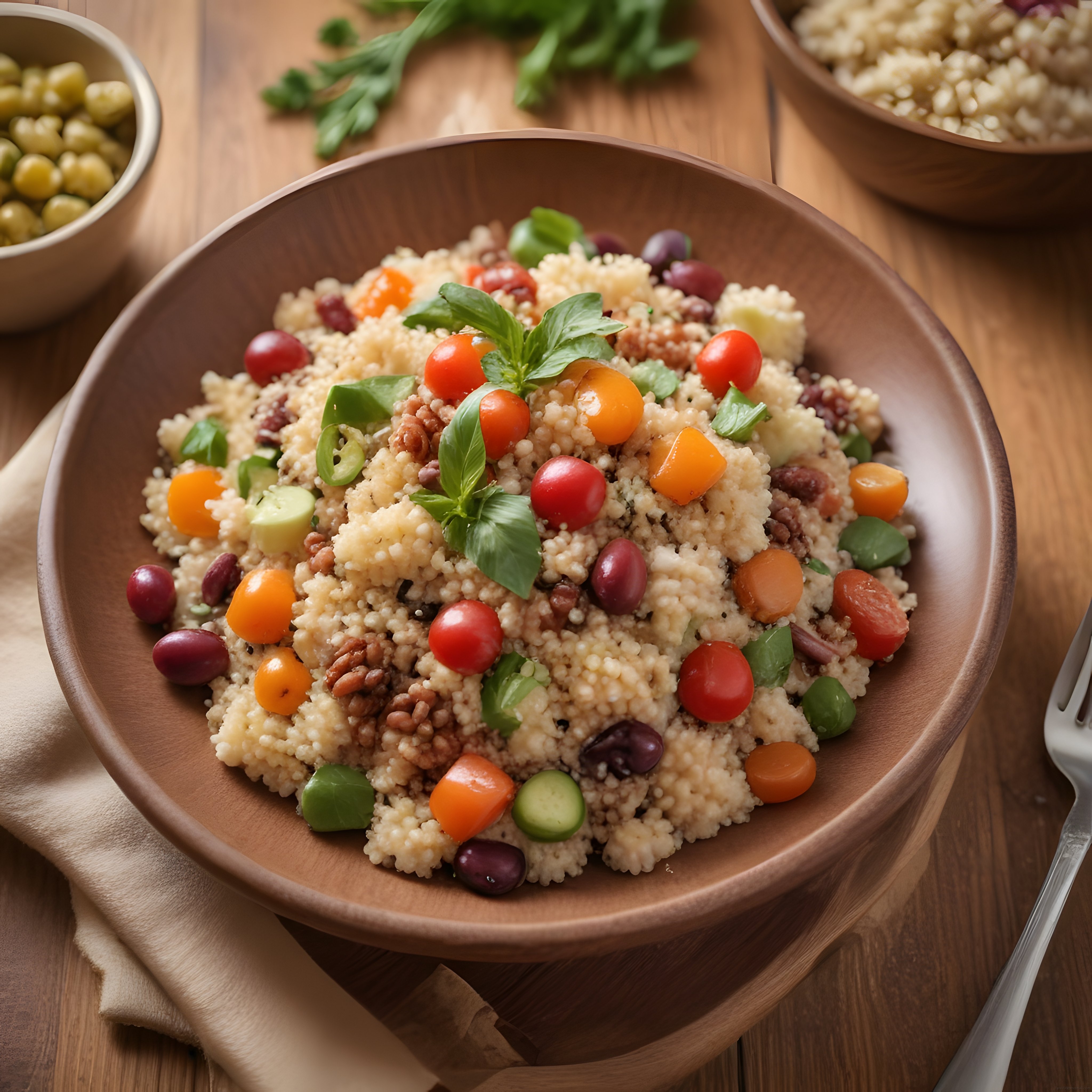 Fesleğen ve Renkli Domatesli Kuskus Salatası Ahşap Kasede Harika Sunum