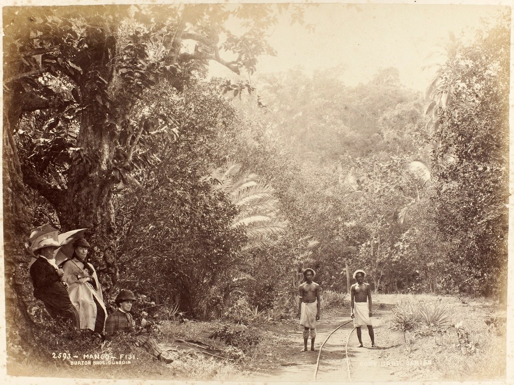 Fiji'de Tarihi Sepya Fotoğraf: Orman Patikasında Yerli Halk ve Gezginler