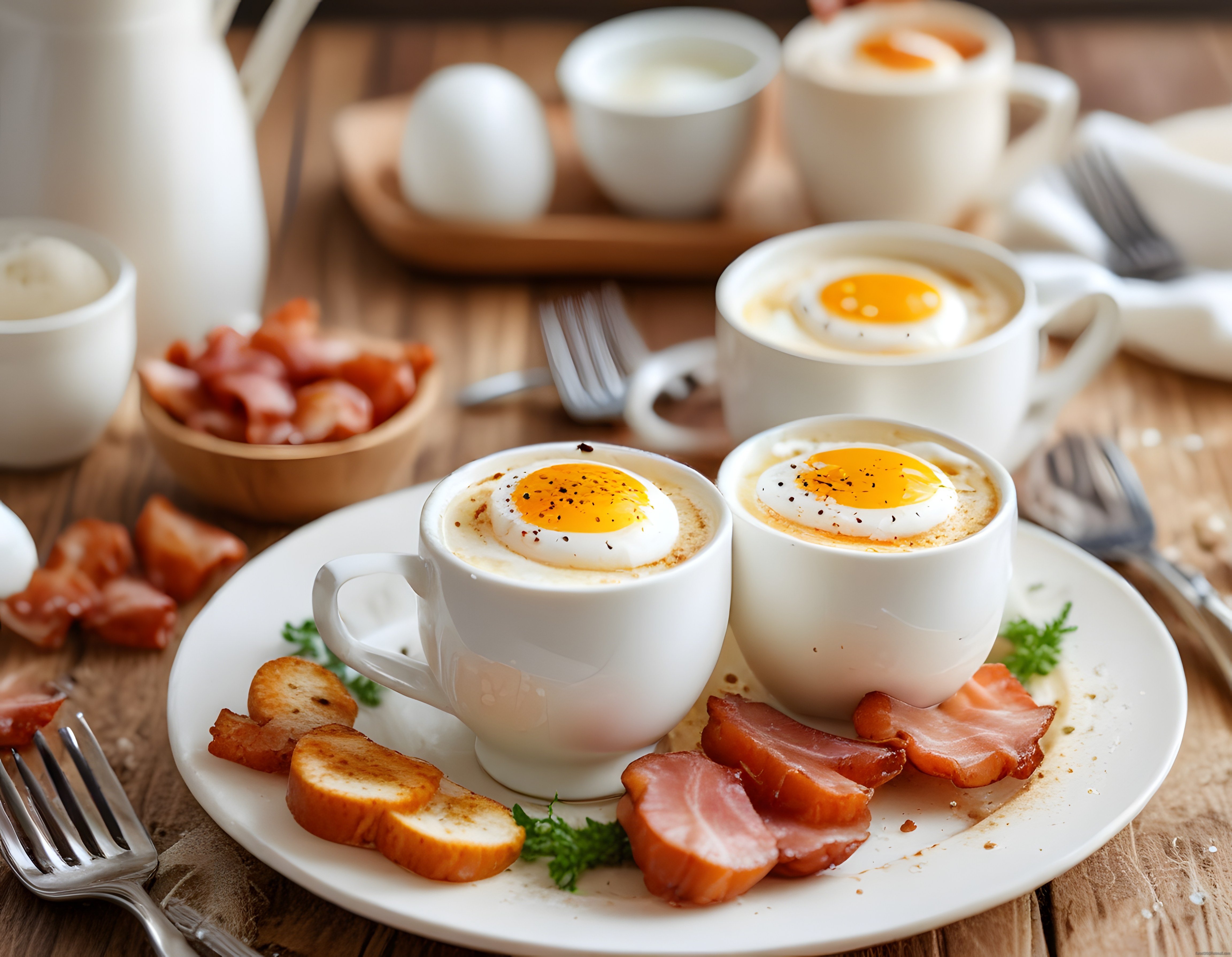Fıncanda Pişmiş Yumurta, Kızarmış Bacon ve Ekmeklerle Zengin Kahvaltı