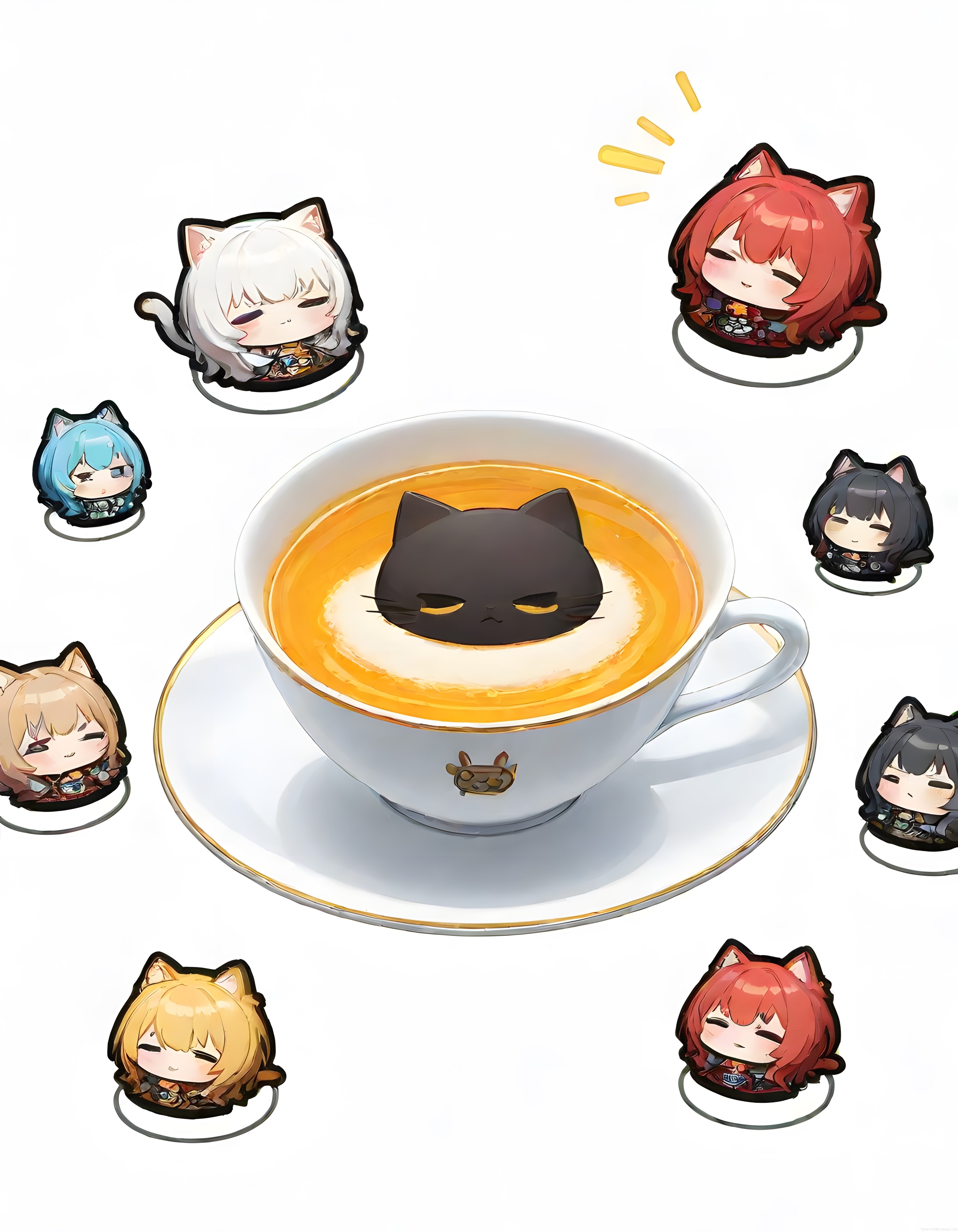 Fincanın içinde dinlenen kedi ve etrafını saran sevimli chibi karakterler