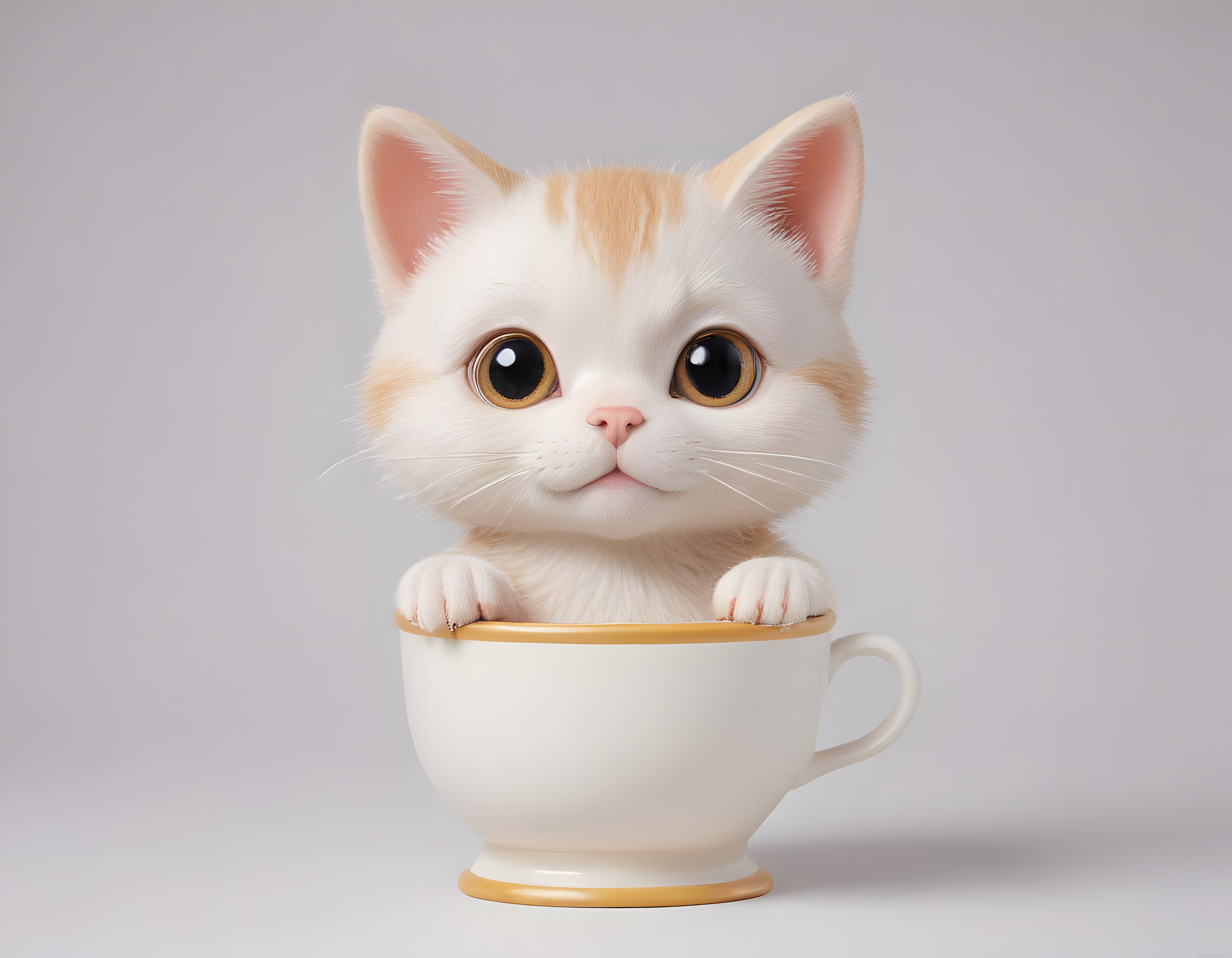 Fincanın İçindeki Sevimli 3D Kedi Yavrusu ve Büyük Masum Gözleri