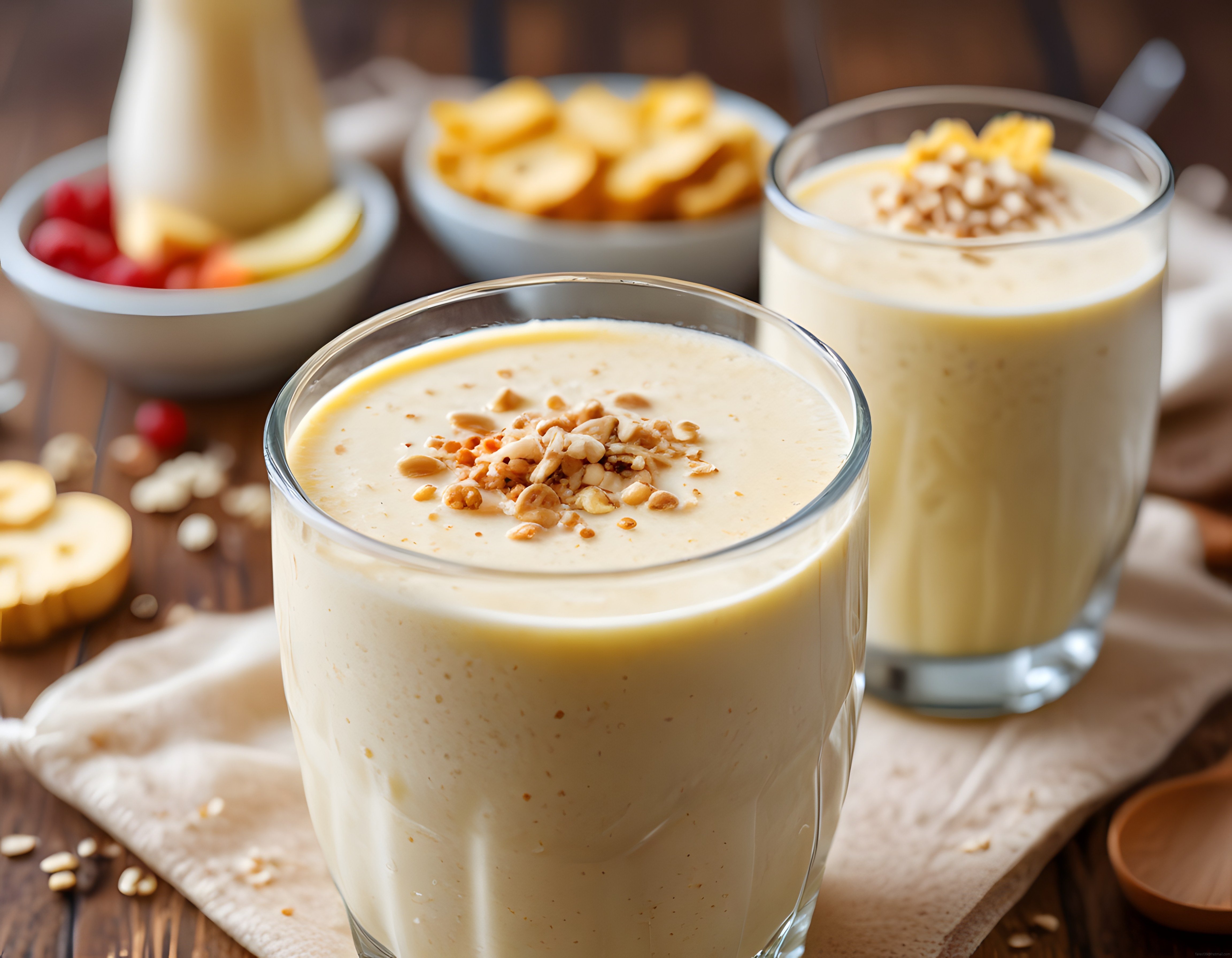 Fındık Parçacıklı Muzlu Smoothie Bardakları ve Taze Meyveli Rustik Masa Sunumu