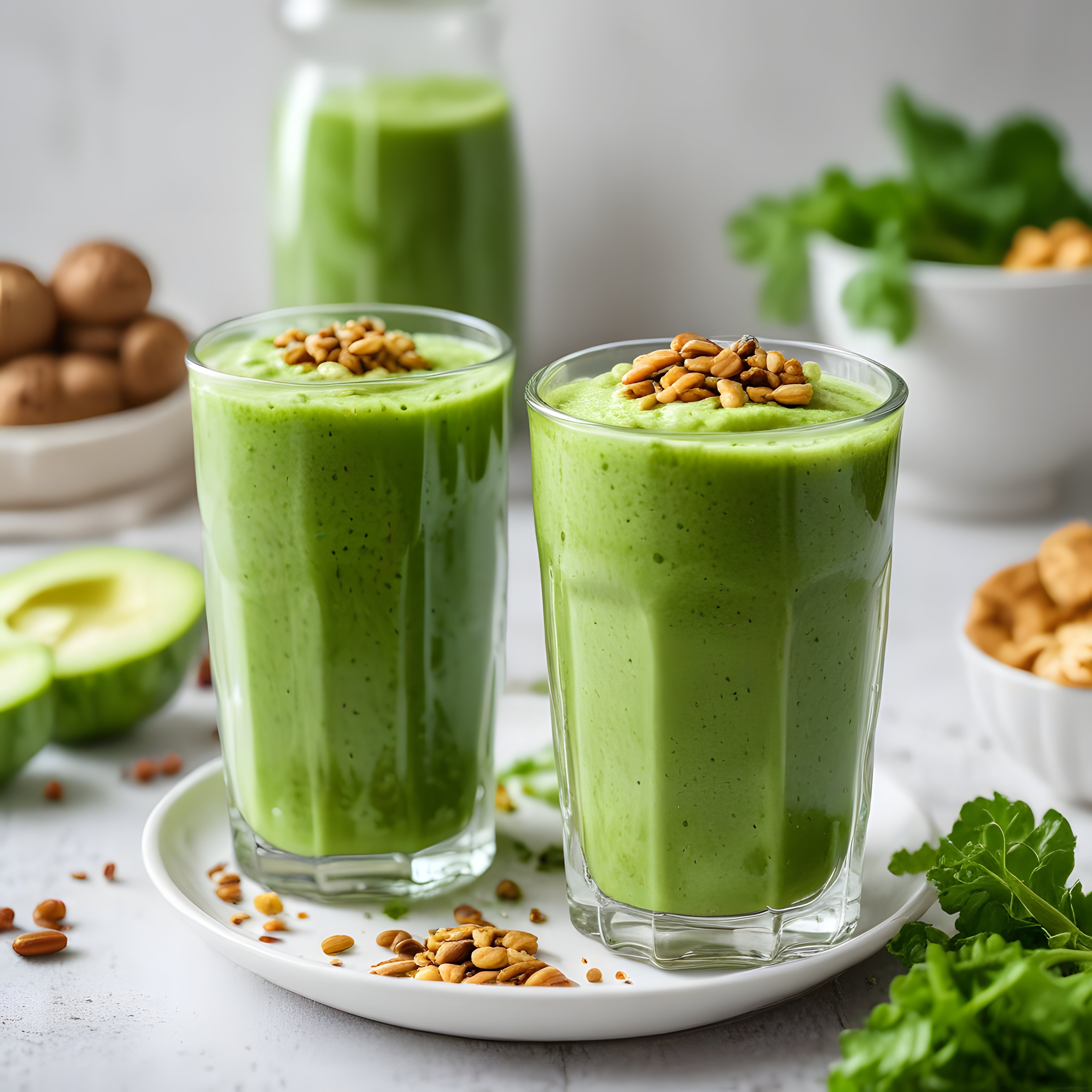 Fındık ve Avokado ile Süslenmiş Taze Yeşil Detoks Smoothie İçeceği