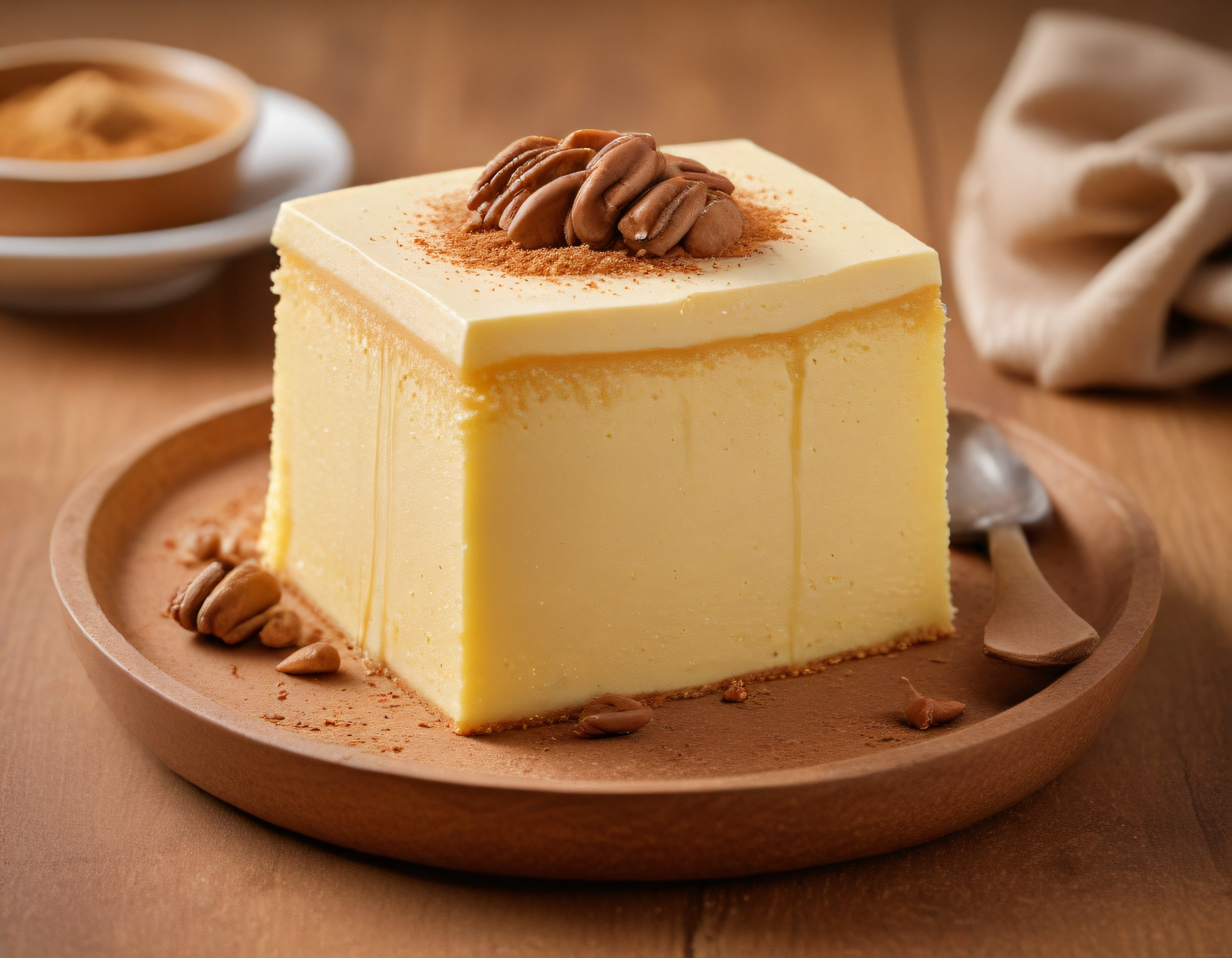 Fındık ve çikolata süslemeli cheesecake dilimi, ahşap sunum tahtası üzerinde