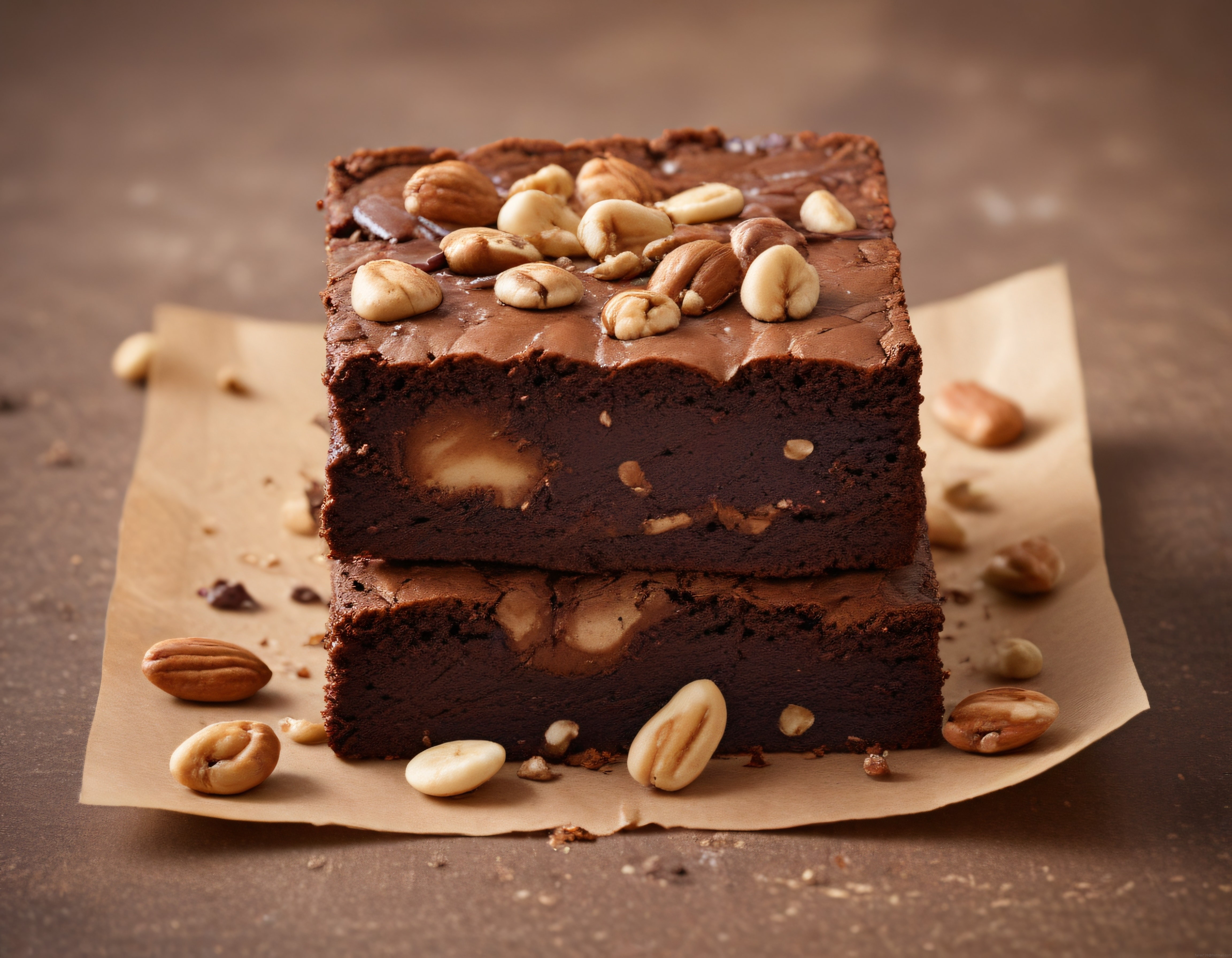 Fındıklı çikolatalı brownie dilimleri kahverengi kağıt üzerinde