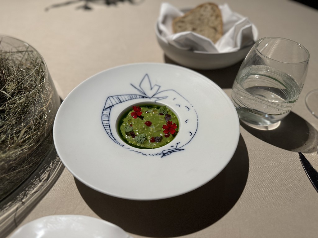 Fine Dining Restoranda Özenle Süslenmiş Yeşil Çorba ve Ev Yapımı Ekmek