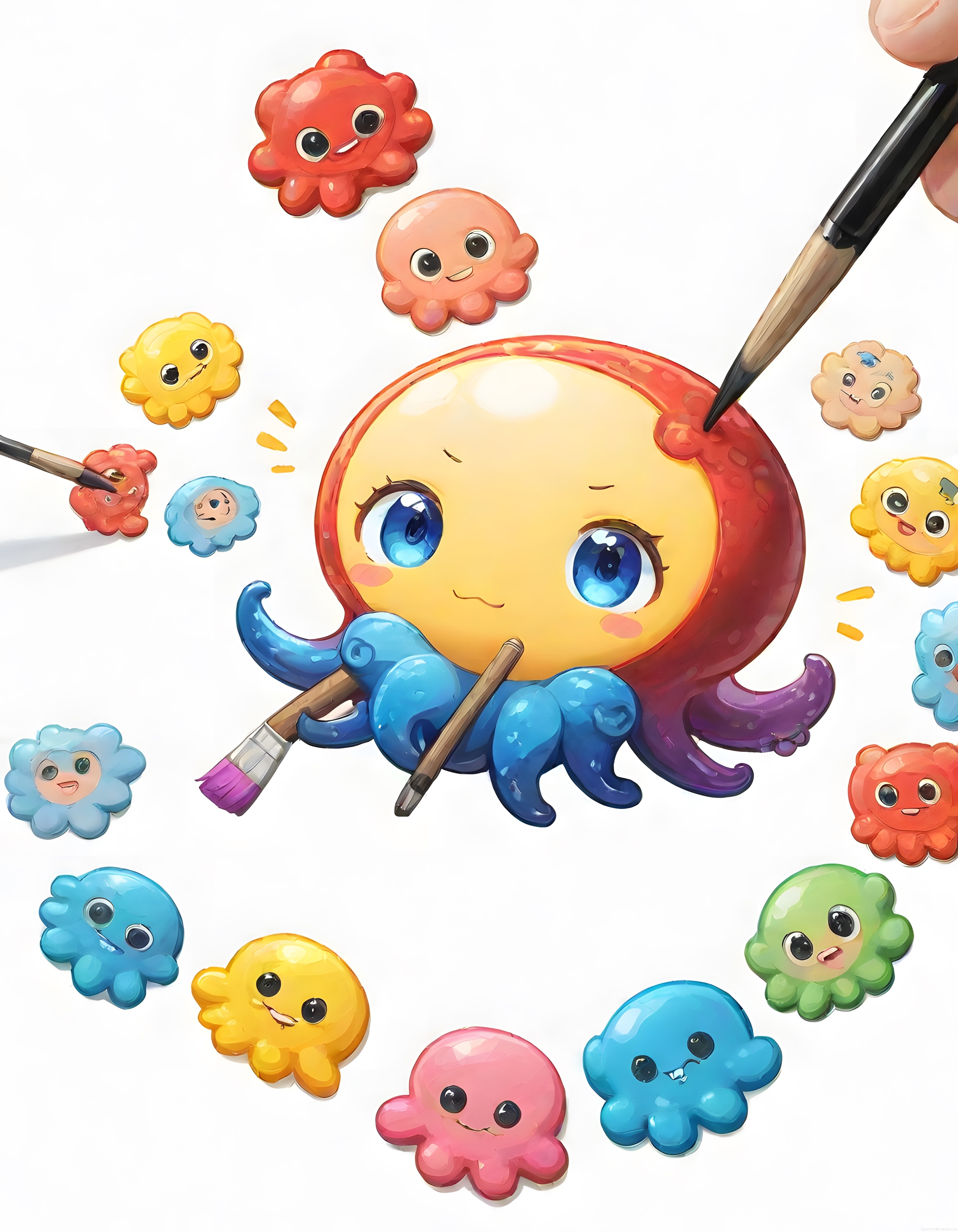Fırçalarla Çizilen Sevimli Kawaii Ahtapotların Renkli Dijital Sanat Dünyası