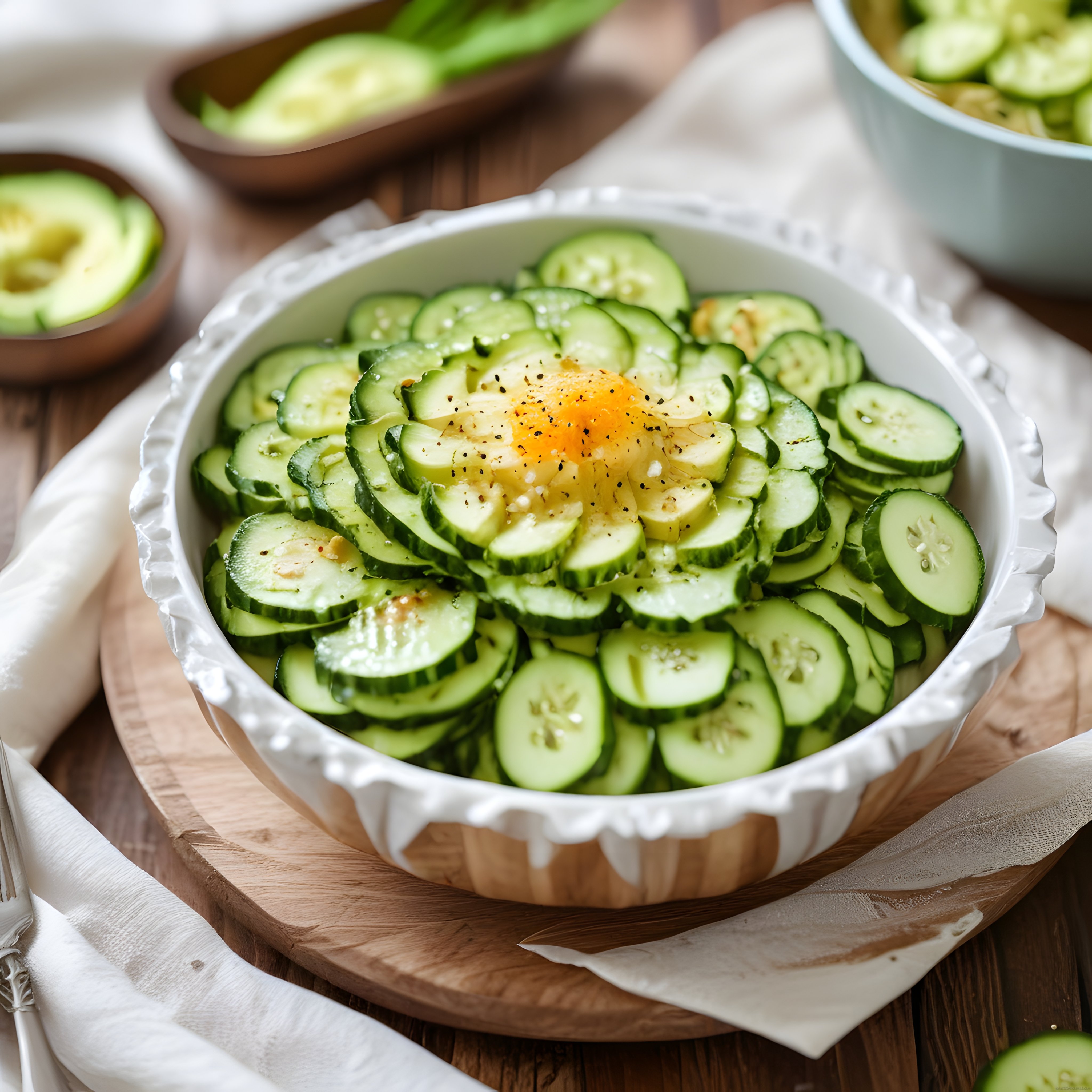 Fırın kabında salatalık graten hazırlığı, ortasında yumurta sarısı ve karabiber