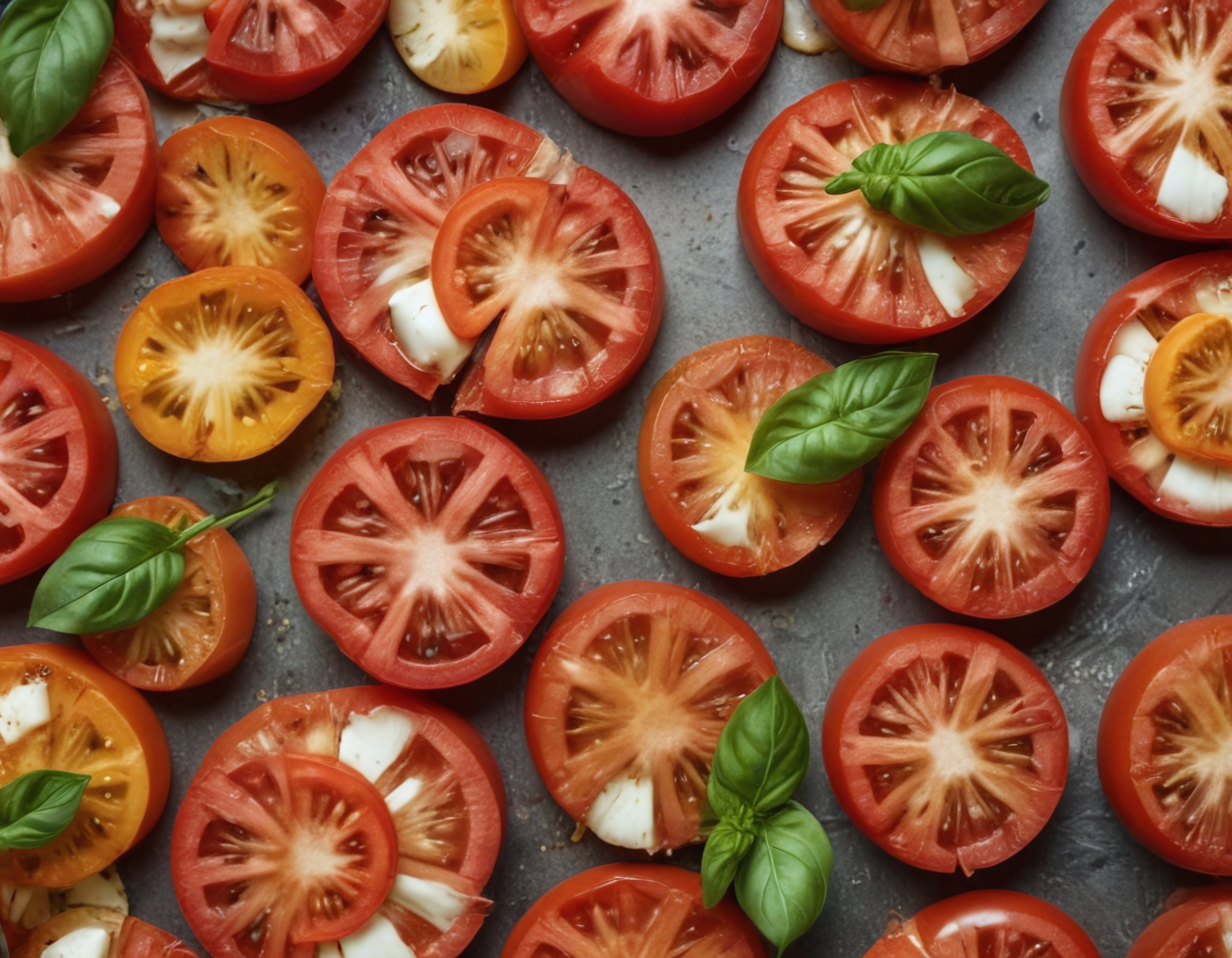 Fırın Tepsisinde Kızarmaya Hazır Mozzarella ve Fesleğenli Domates Dilimleri