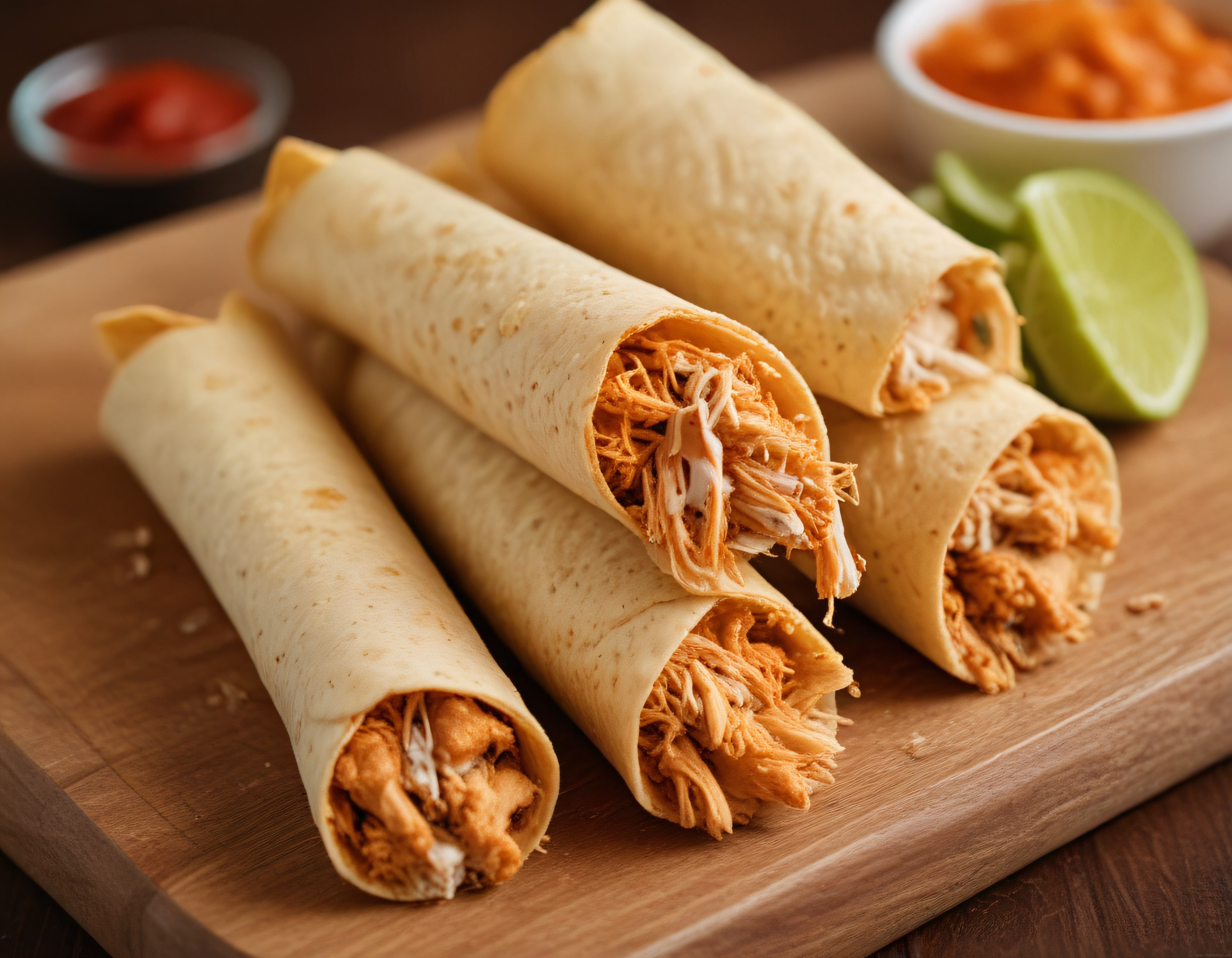 Fırında Çıtır Tavuklu Taquito Ruloları ve Acılı Dip Sos Eşliğinde