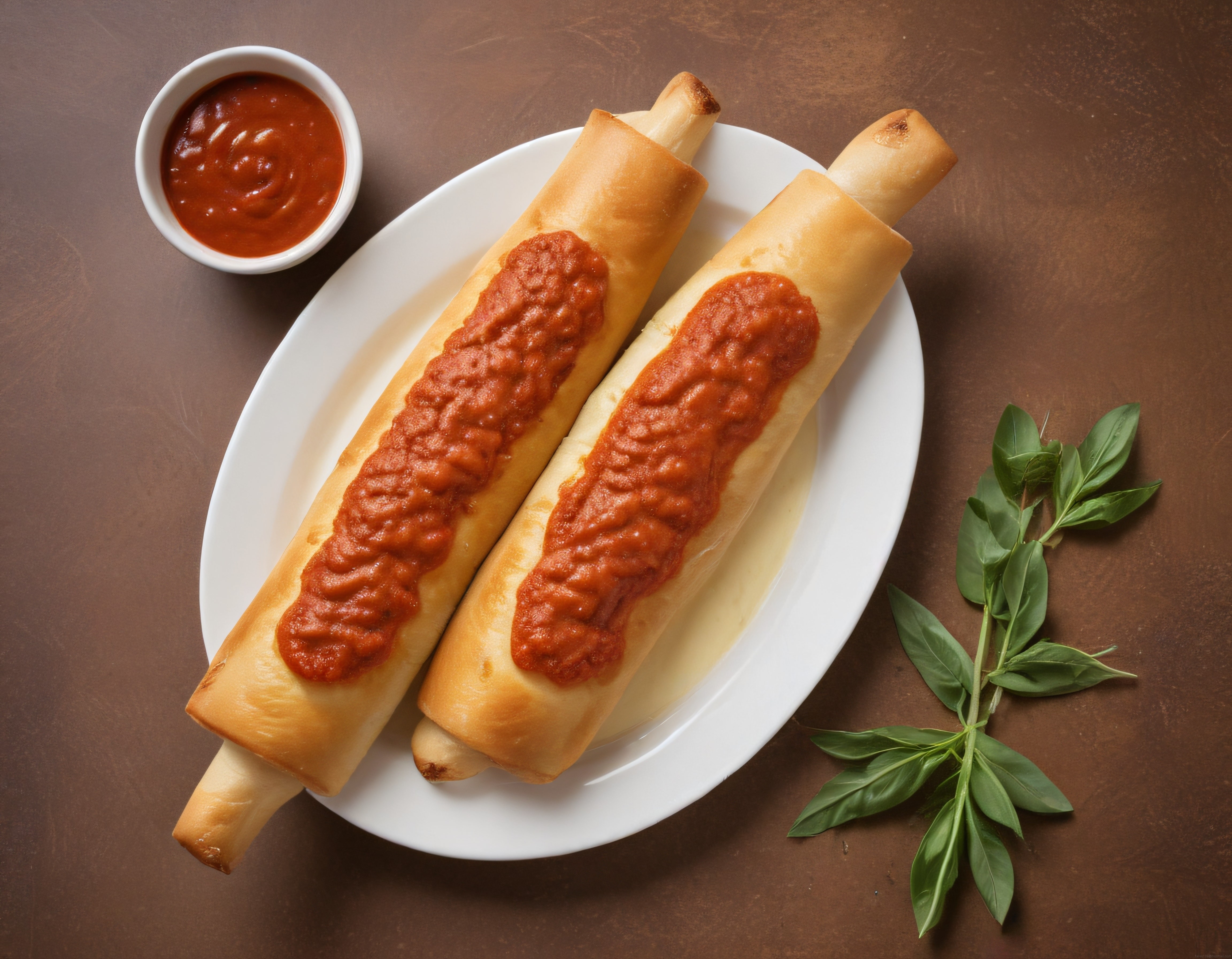 fırında domates soslu çıtır pizza ruloları ve fesleğen yaprağı ile sunum