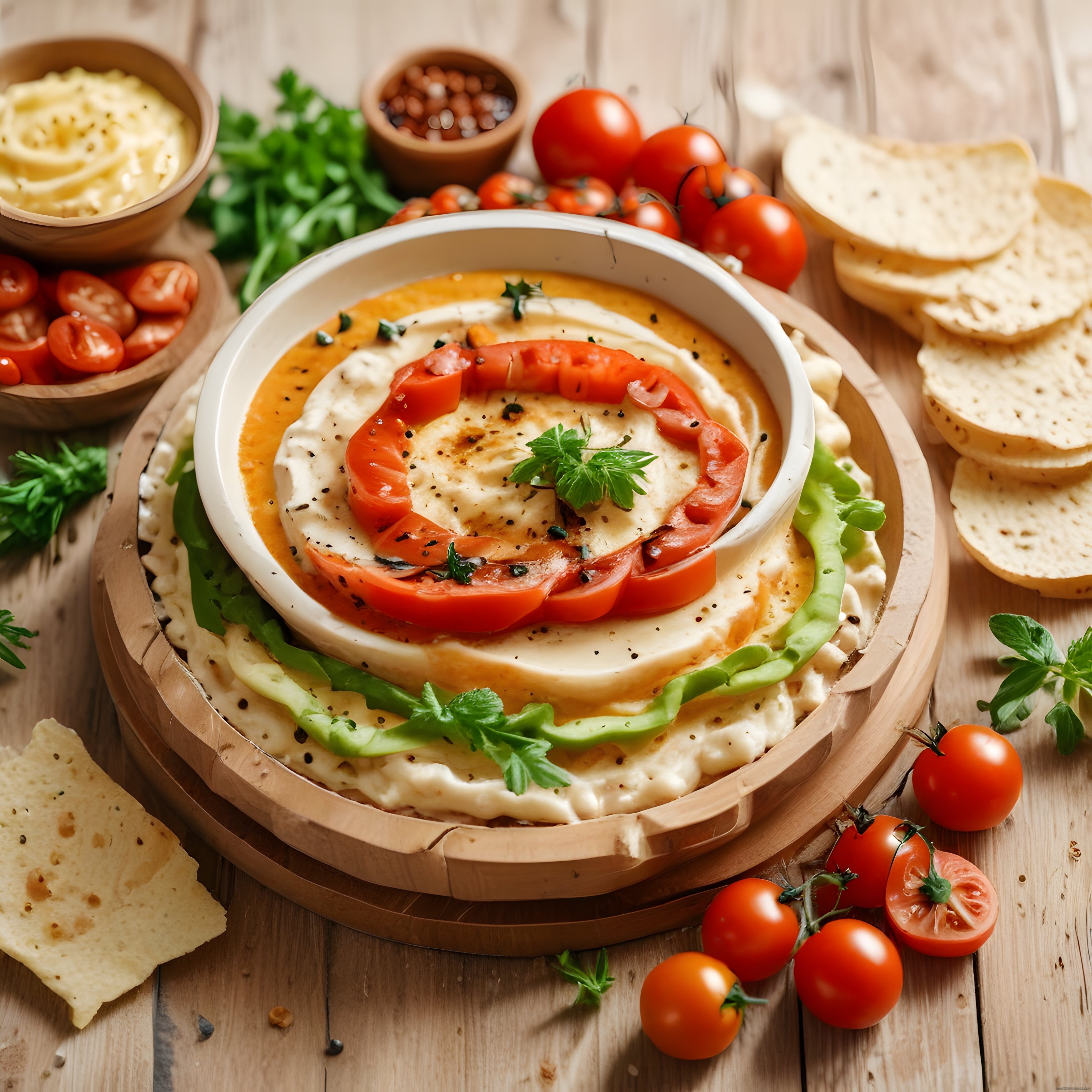 Fırında Domatesli Humus Tabağı ve Taze Baharatlar ile Meze Sunumu