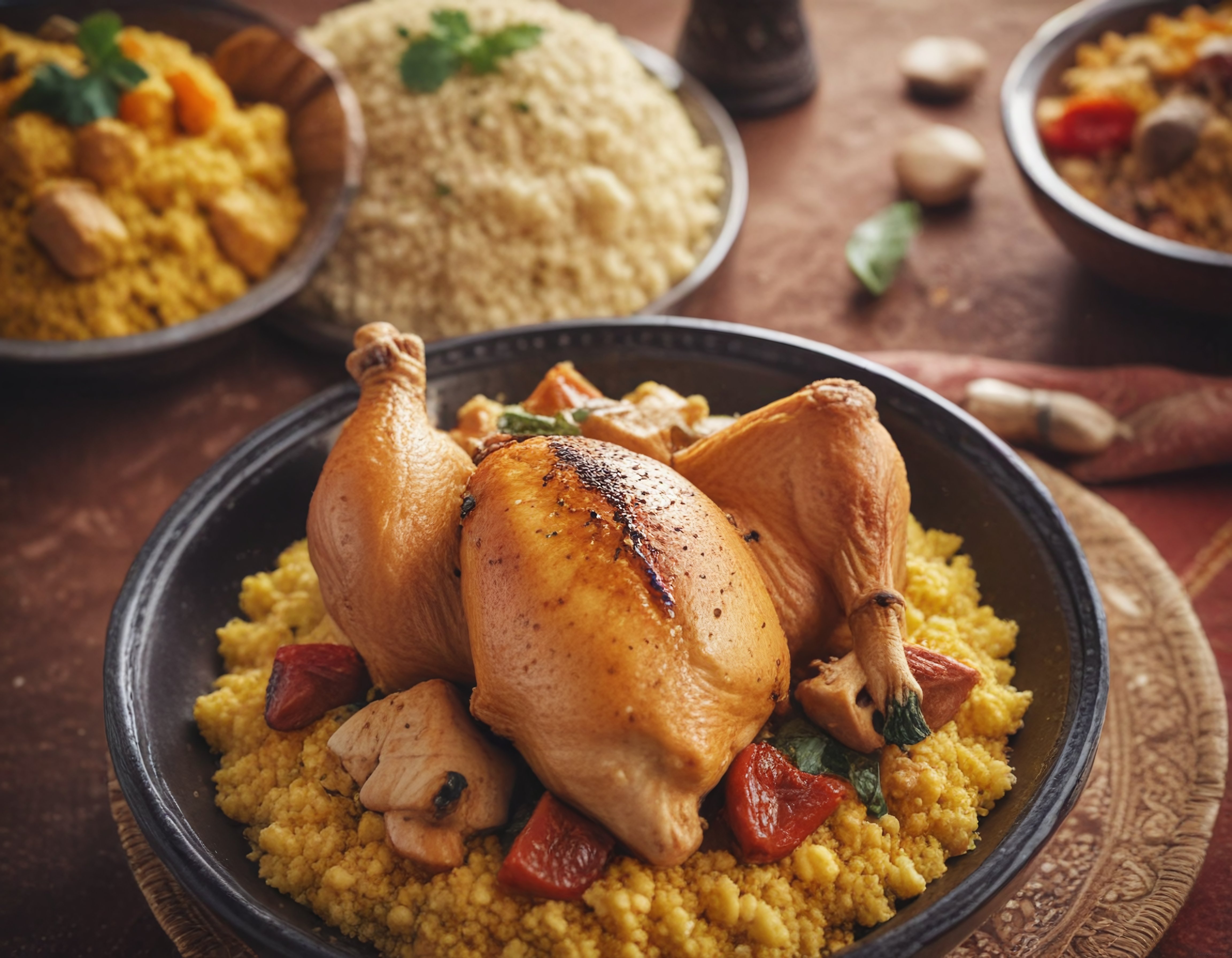 fırında kızarmış bütün tavuk butları ve sarı bulgur pilavıyla sebze sote
