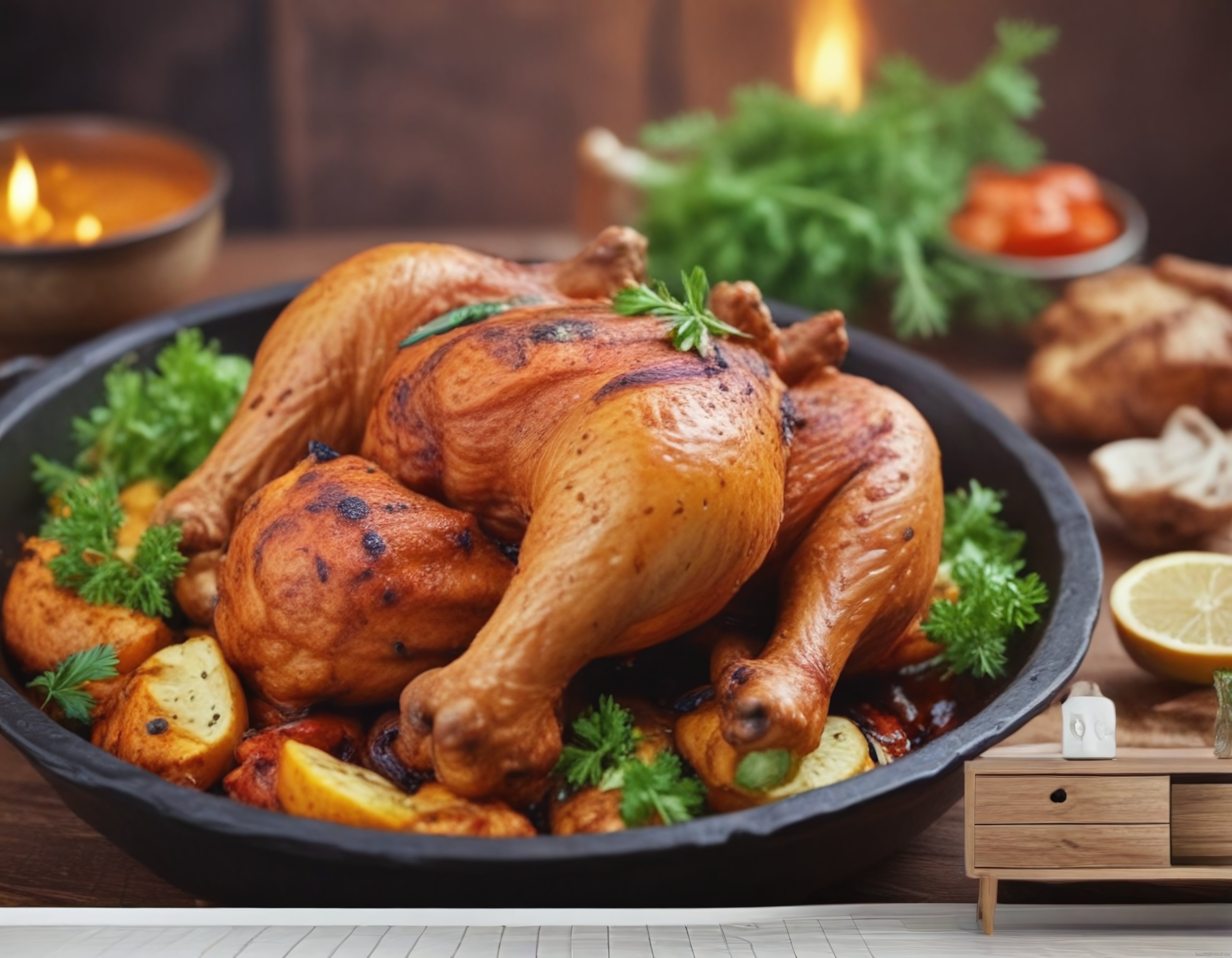 Fırında Kızarmış Bütün Tavuk ve Sebze Garnitürüyle Nefis Yemek Sunumu