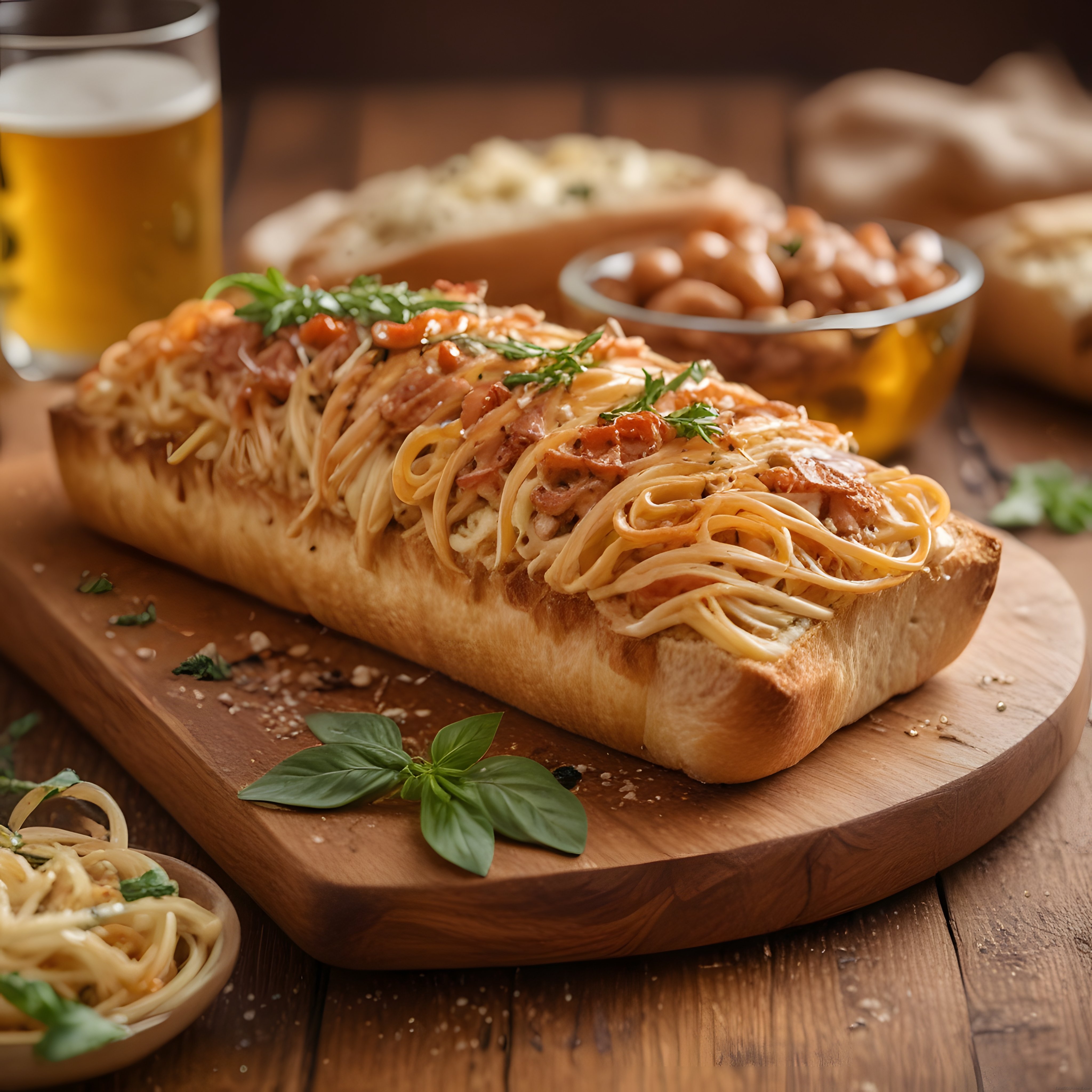 Fırında kızarmış ekmek üzerinde spagetti servisi ve bira eşleşmesi