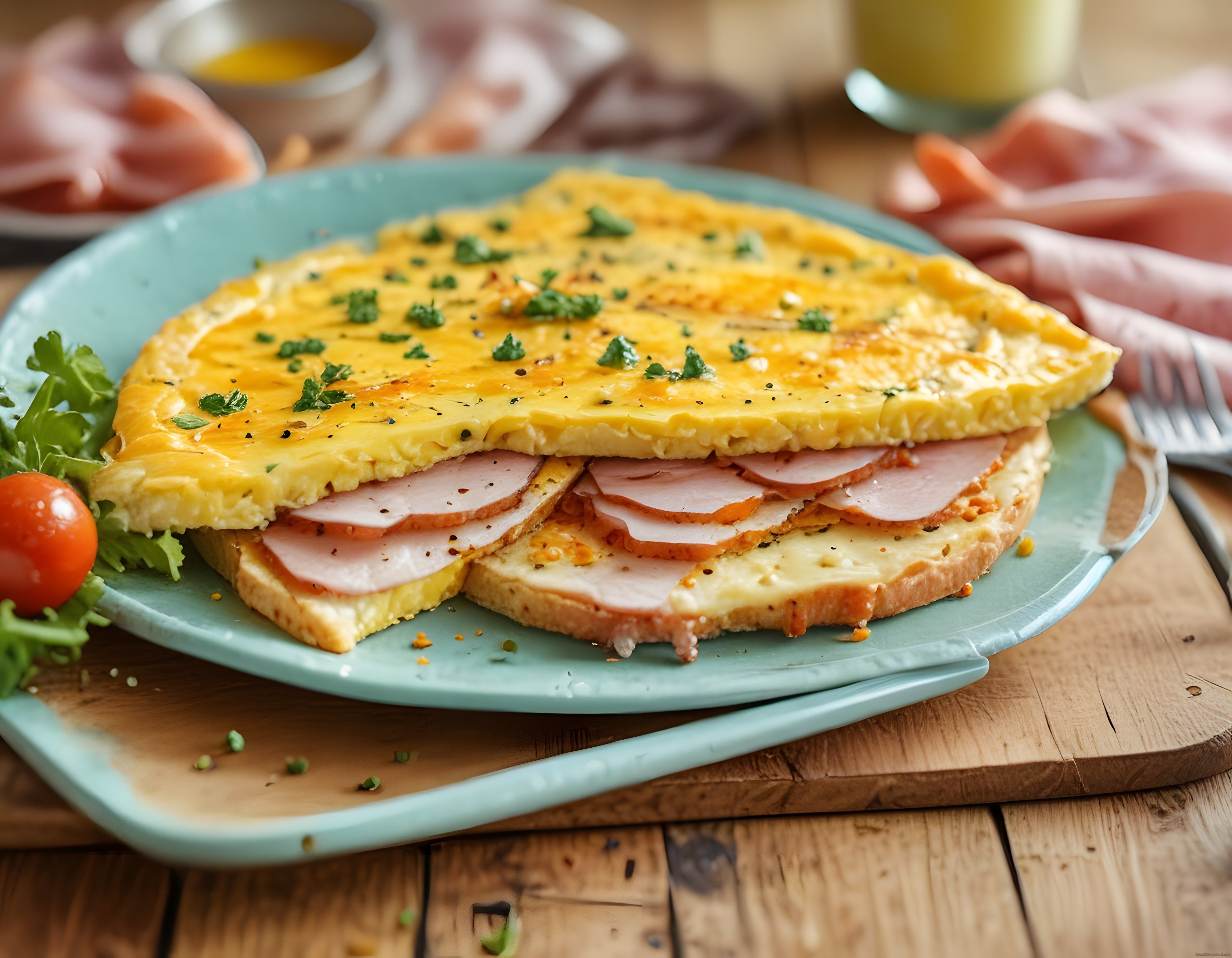 Fırında kızarmış kaşarlı jambonlu yumurtalı sandviç ve taze kahvaltı sunumu