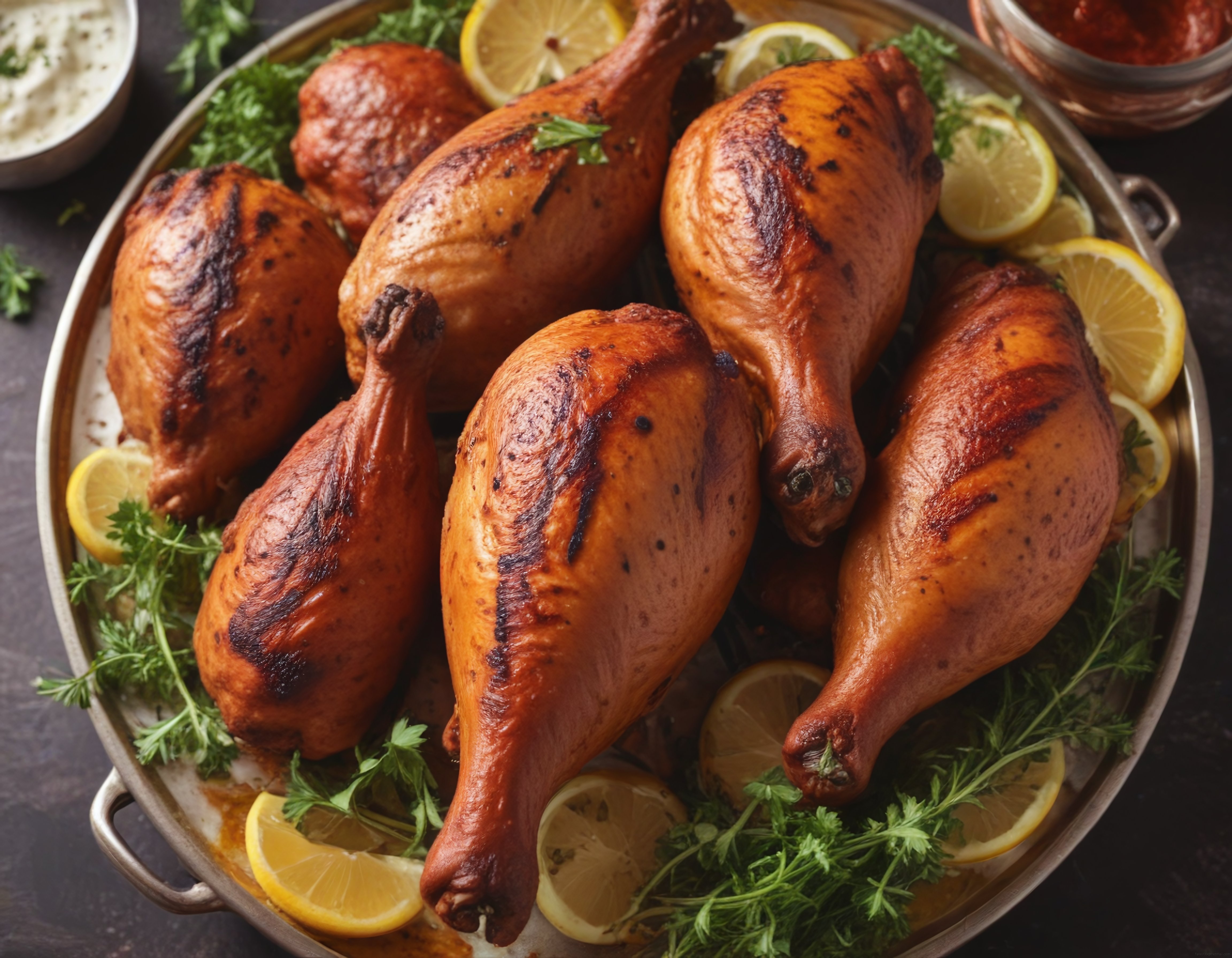 Fırında kızarmış limonlu tavuk butları ve taze baharat garnitürü