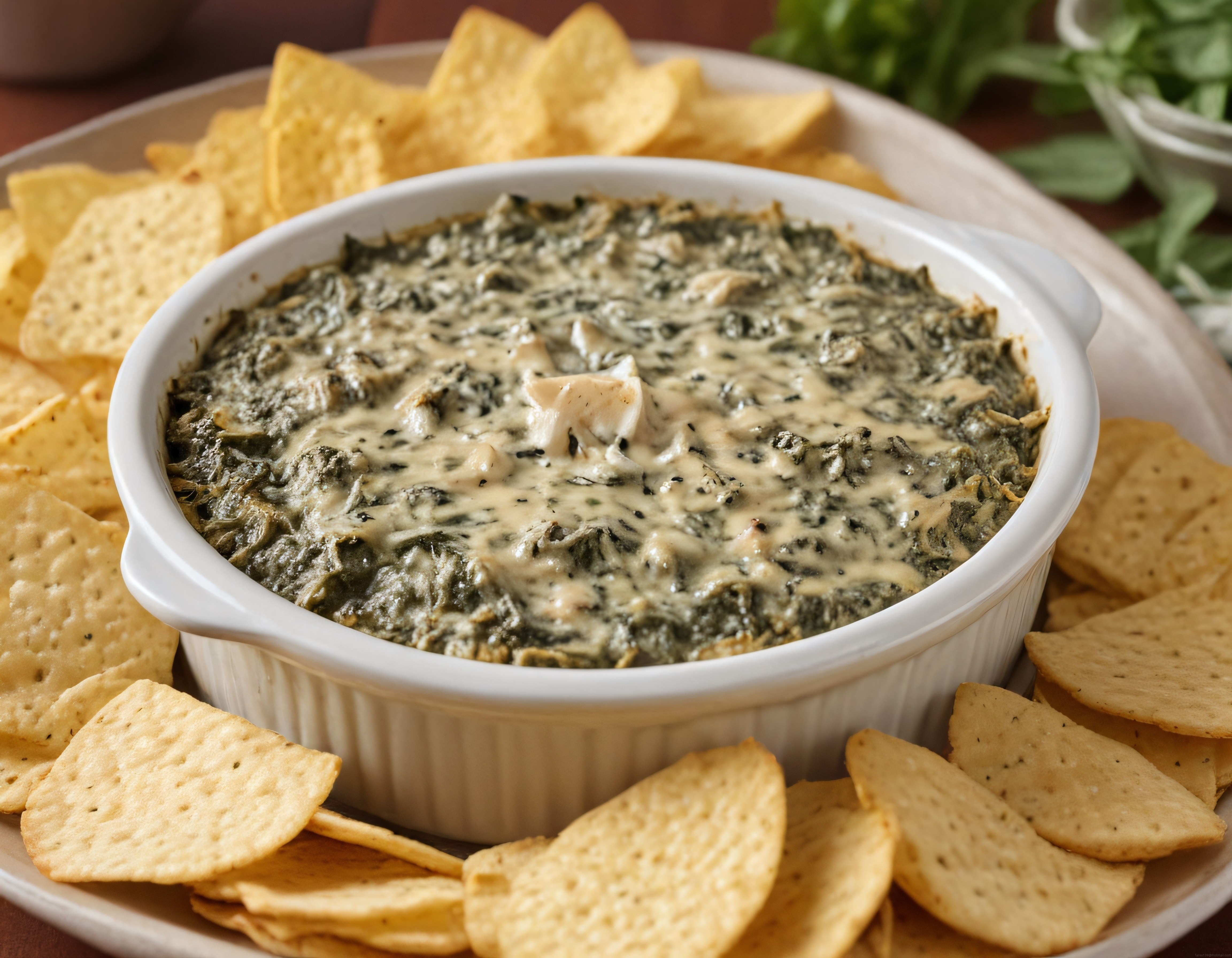 Fırında Kremalı Ispanaklı Enginar Dip Sosu ve Çıtır Tortilla Cips Sunumu