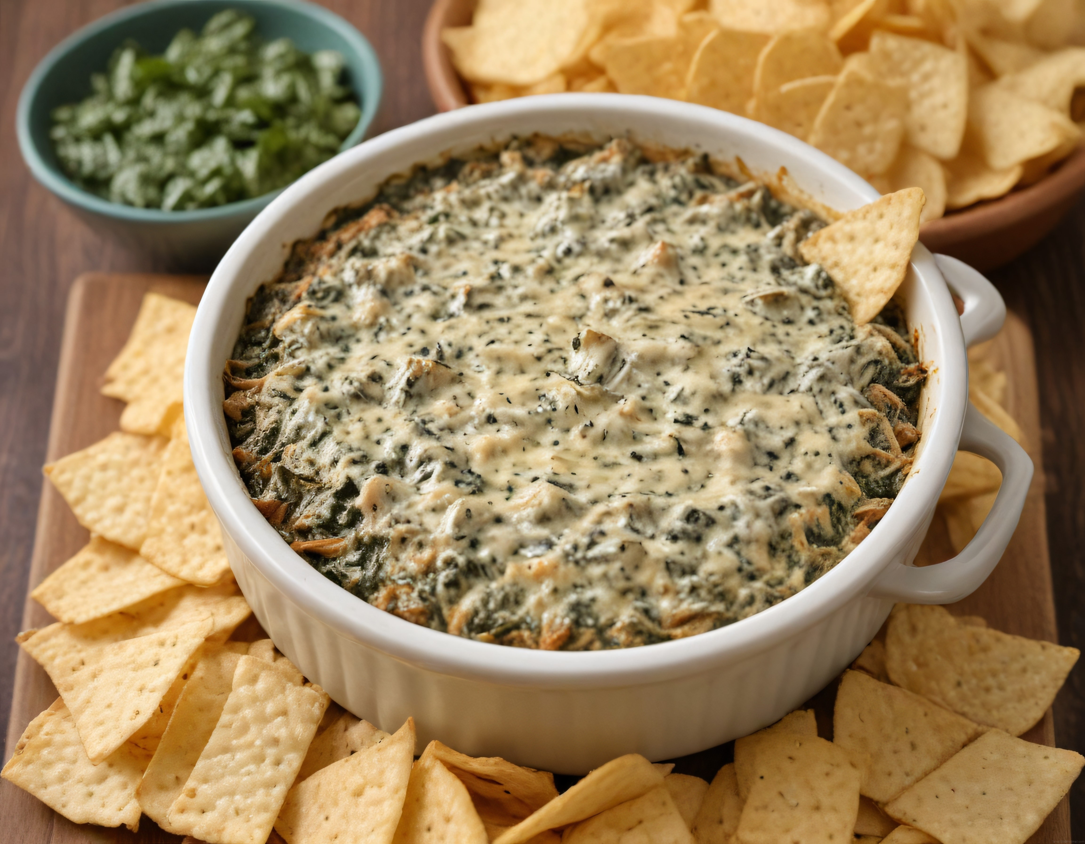 Fırında Kremalı Ispanaklı Enginar Dip Sosu ve Çıtır Tortilla Cipsi
