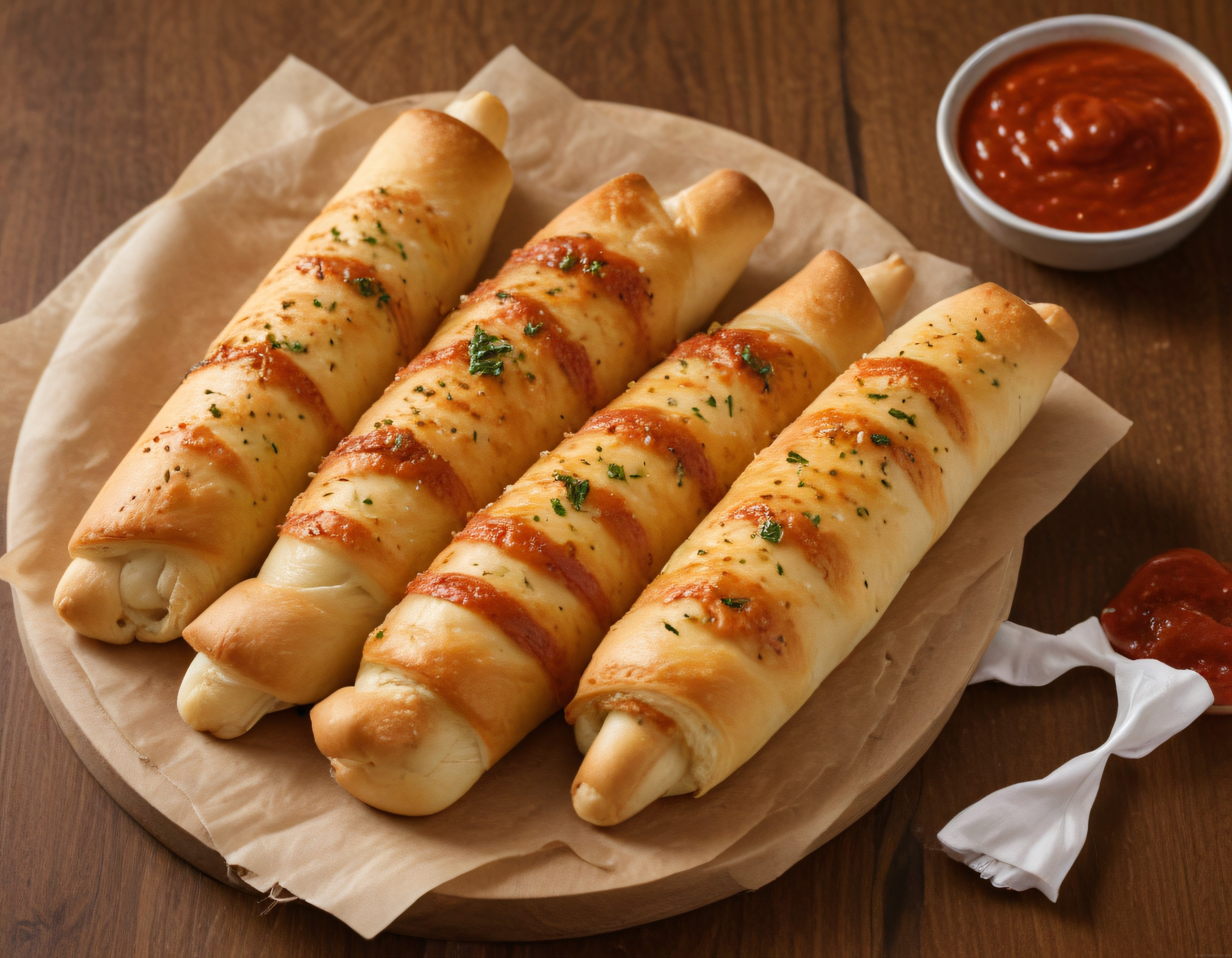 Fırında Mozzarella Peynirli Pizza Ruloları ve Domates Sos Sunumu