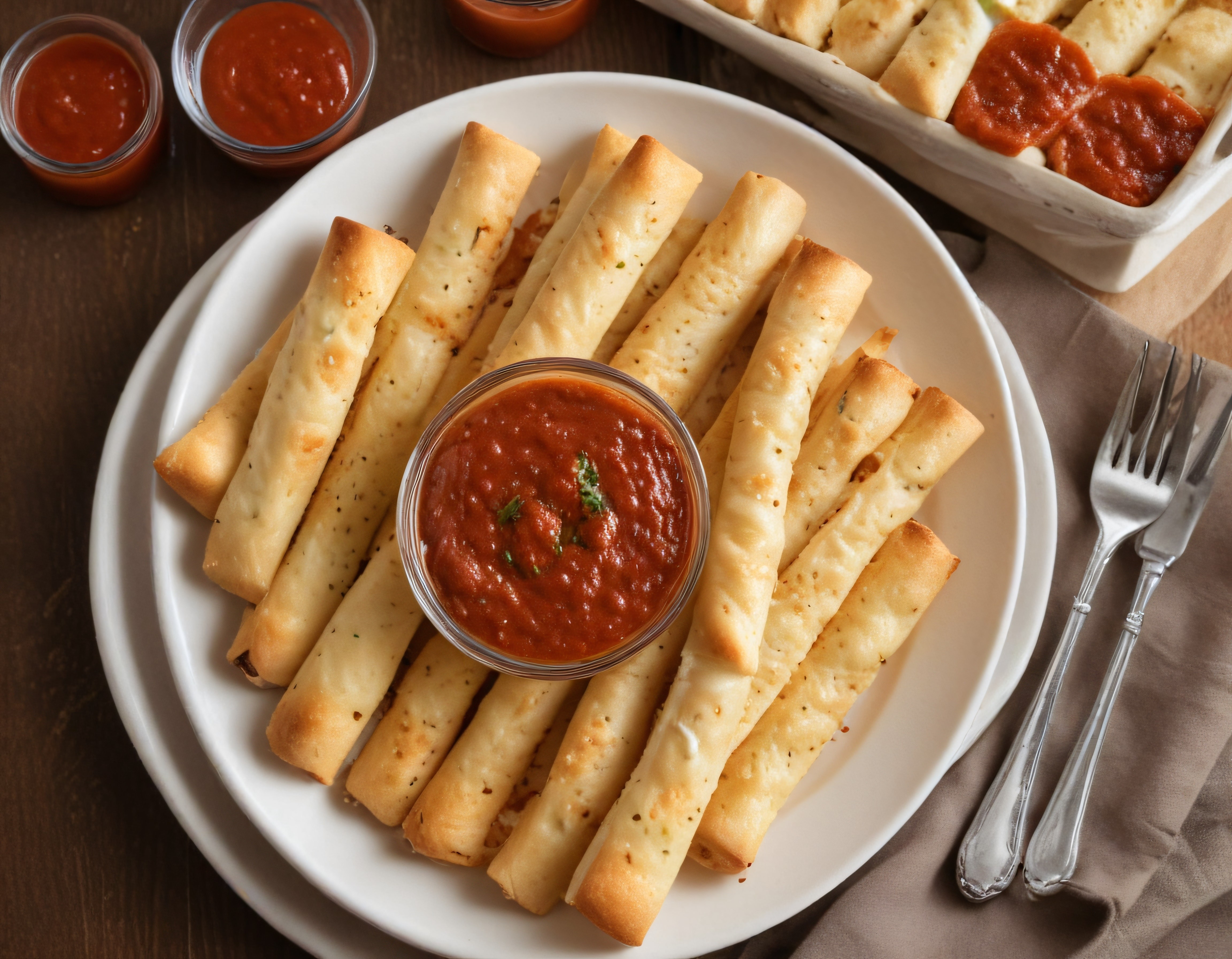 Fırından Çıkmış Çıtır Pizza Stickleri ve Domates Soslu Lezzetli Sunum