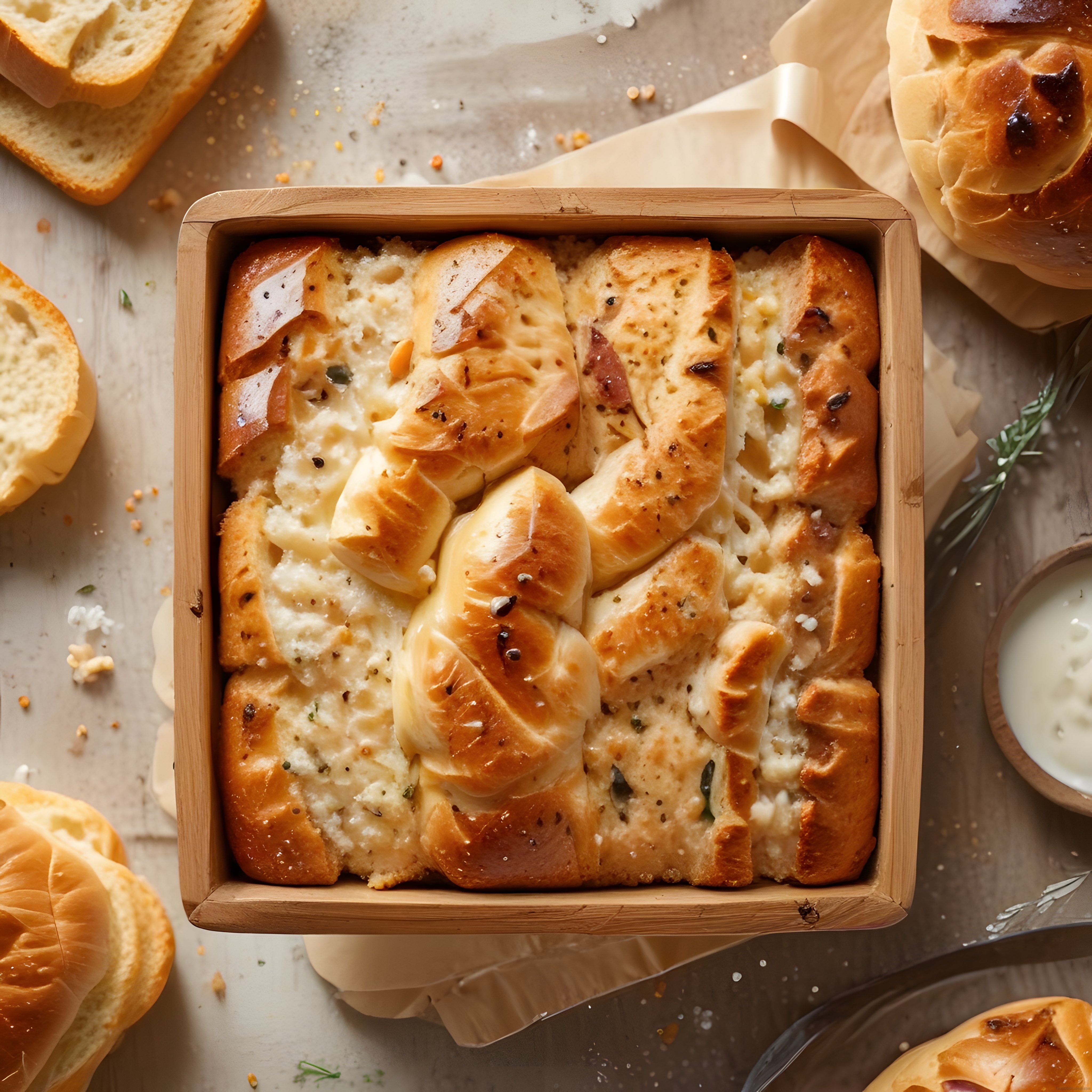 Fırından çıkmış peynirli otlu focaccia ahşap tepside rustik sunum
