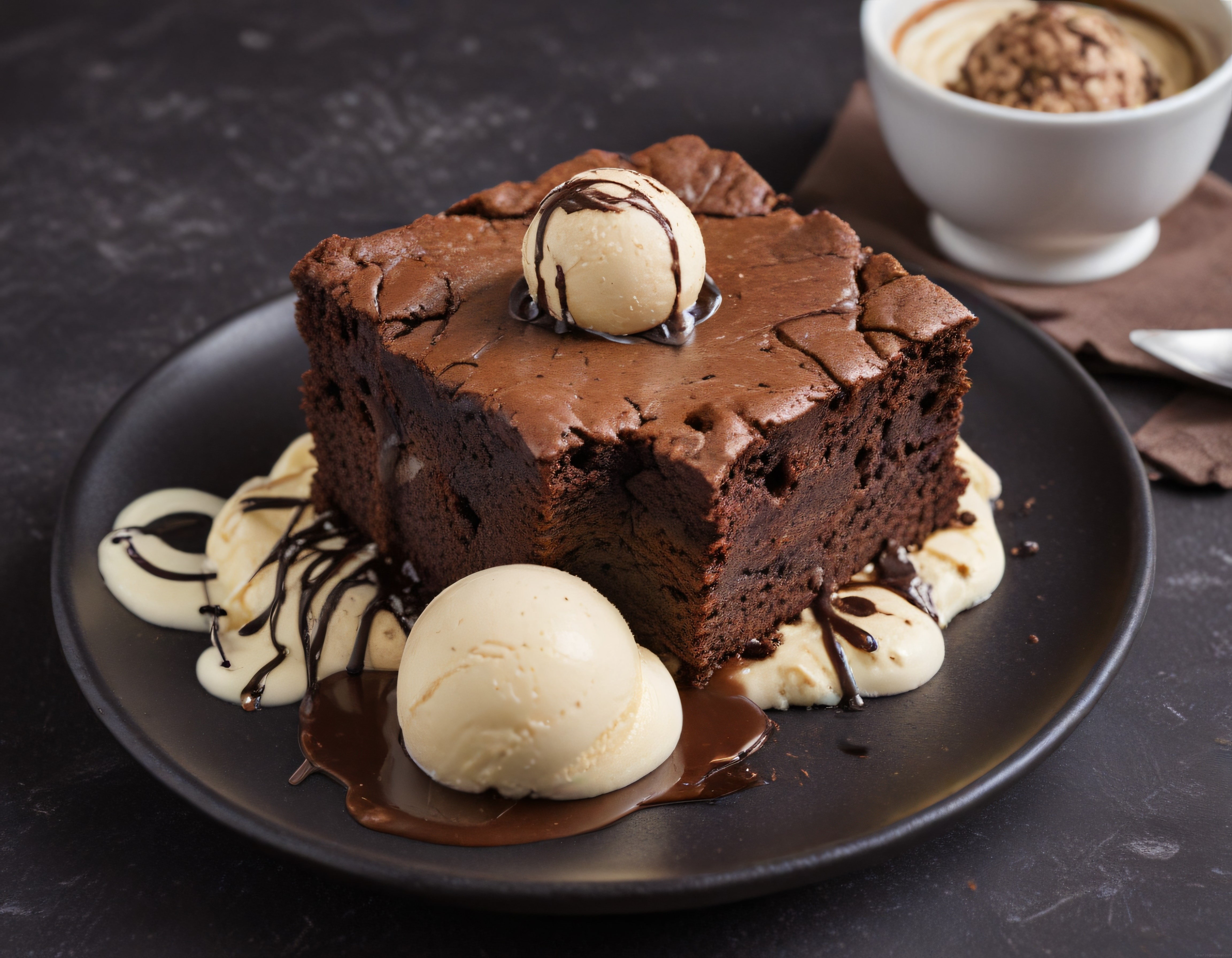 Fırından Taze Brownie Üzerine Vanilya Dondurması ve Çikolata Sosu Süslemesi