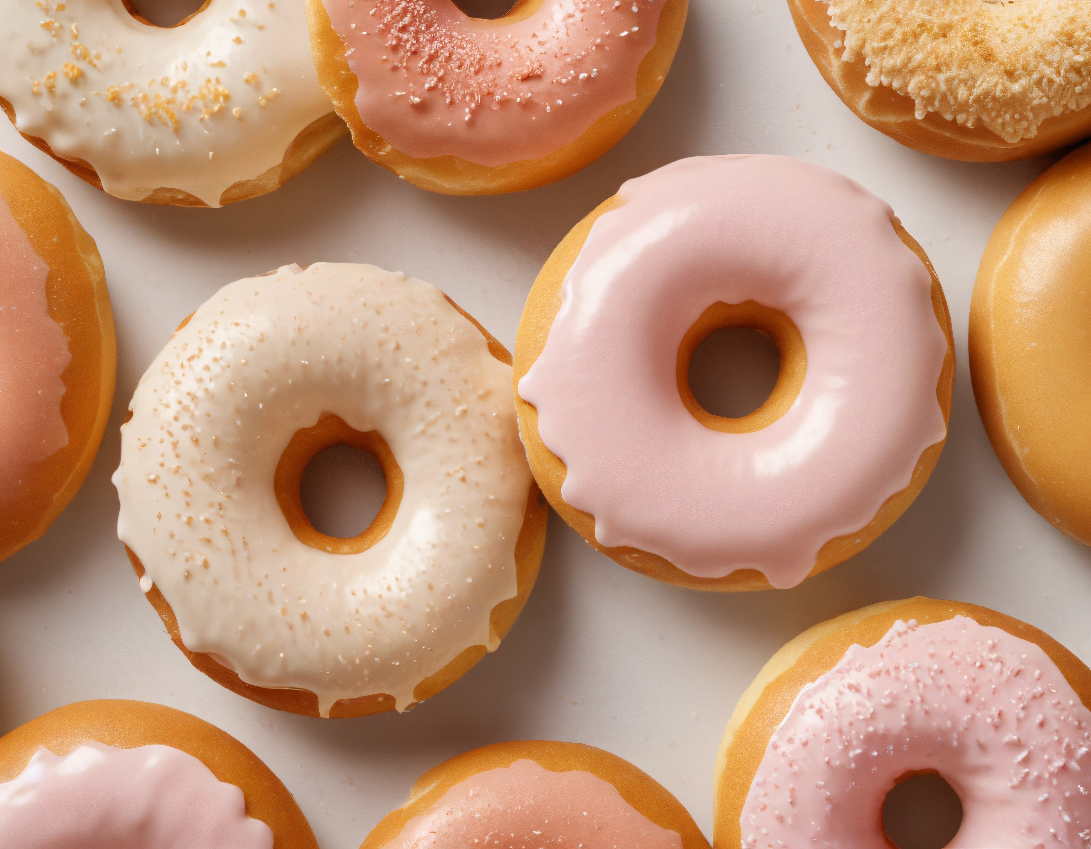 Fırından Taze Çıkmış Pembe ve Beyaz Glazürlü Donutların Renkli Sunumu