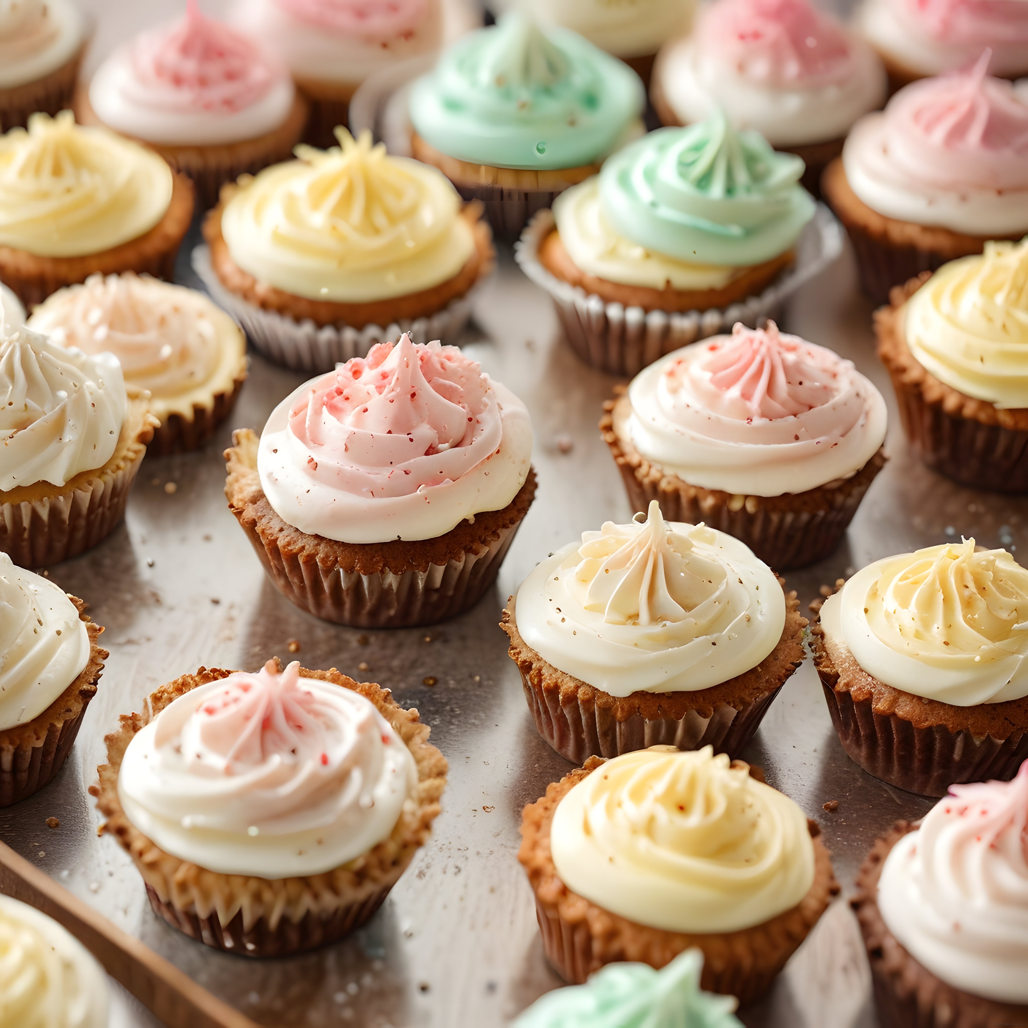 Fırından taze çıkmış rengarenk krema süslü cupcakeler ve butik sunum
