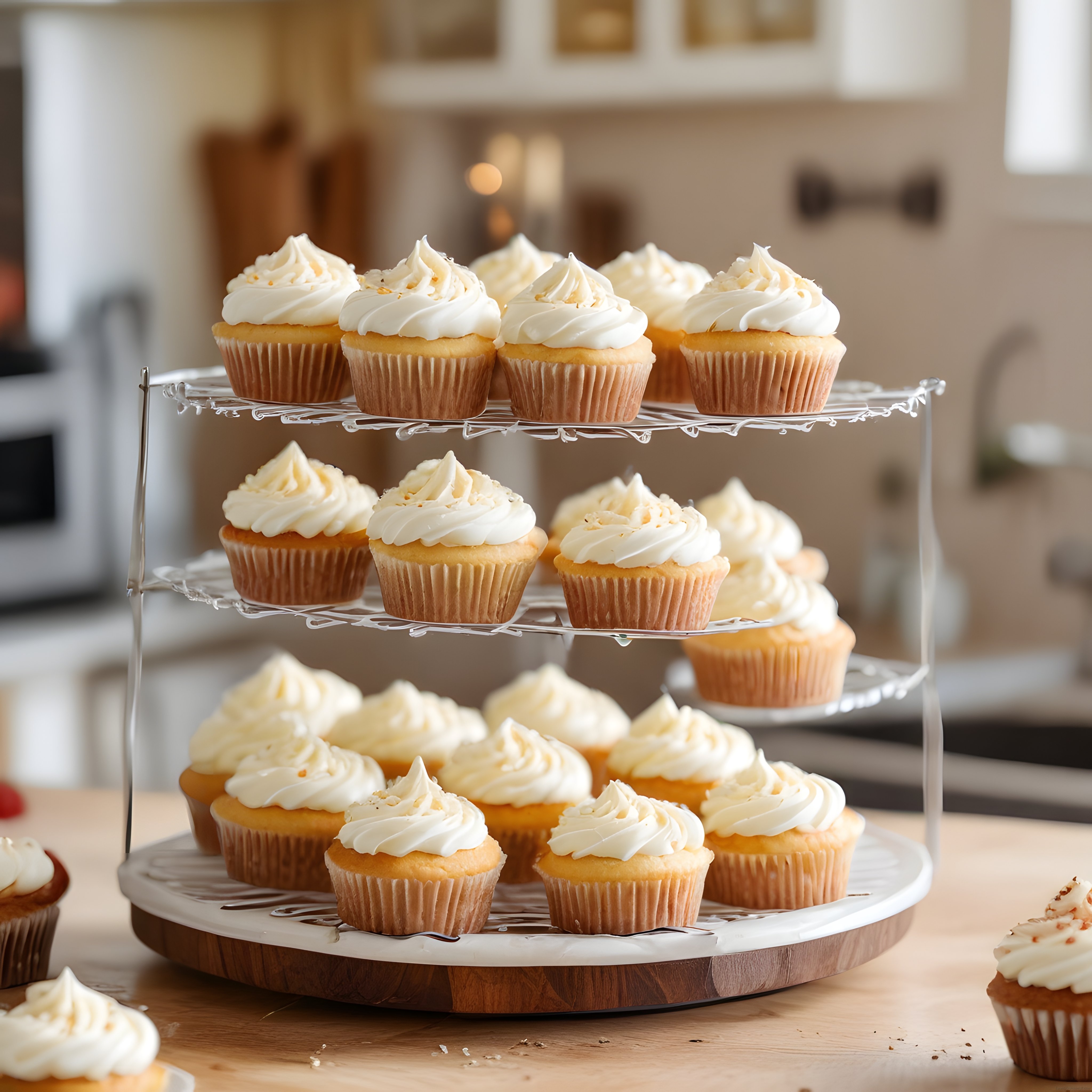 Fırından Taze Vanilyalı Cupcake'ler Üç Katlı Standda Şık Sunum