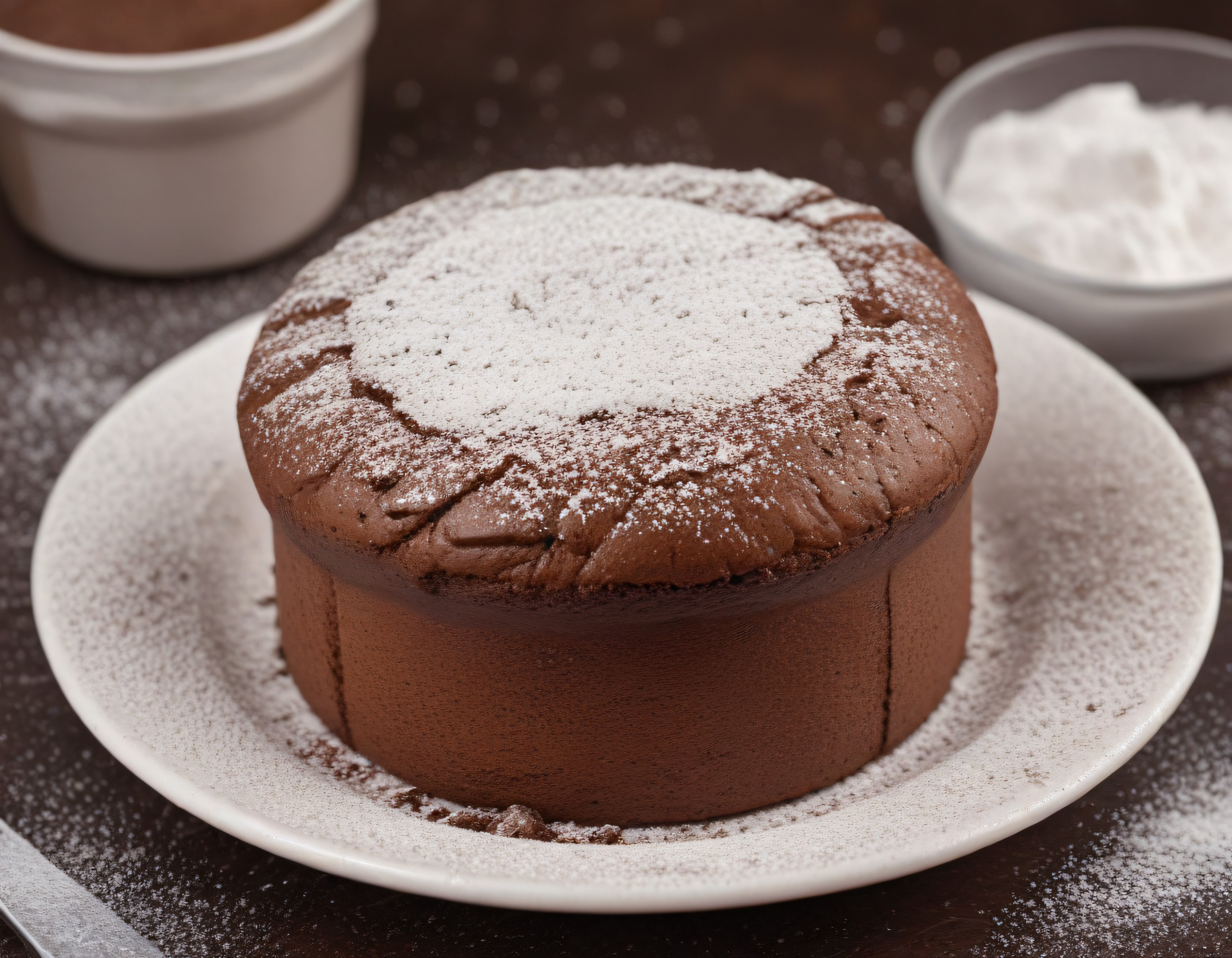 Fırından Yeni Çıkan Çikolatalı Sufle ve Pudra Şekeri Süslemeli Tatlı Sunumu