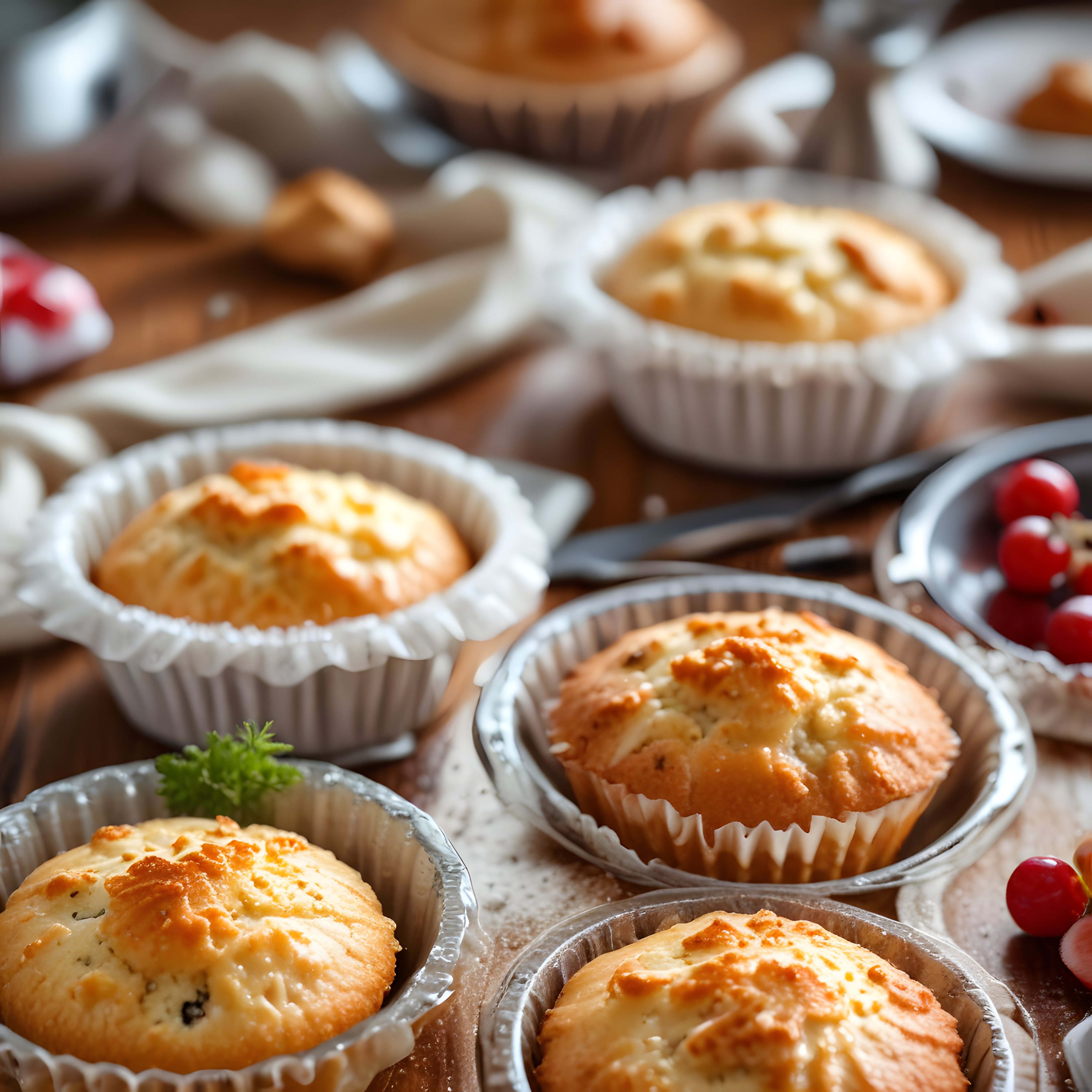 Fırından Yeni Çıkmış Altın Sarısı Muffinler ve Taze Kırmızı Meyveler