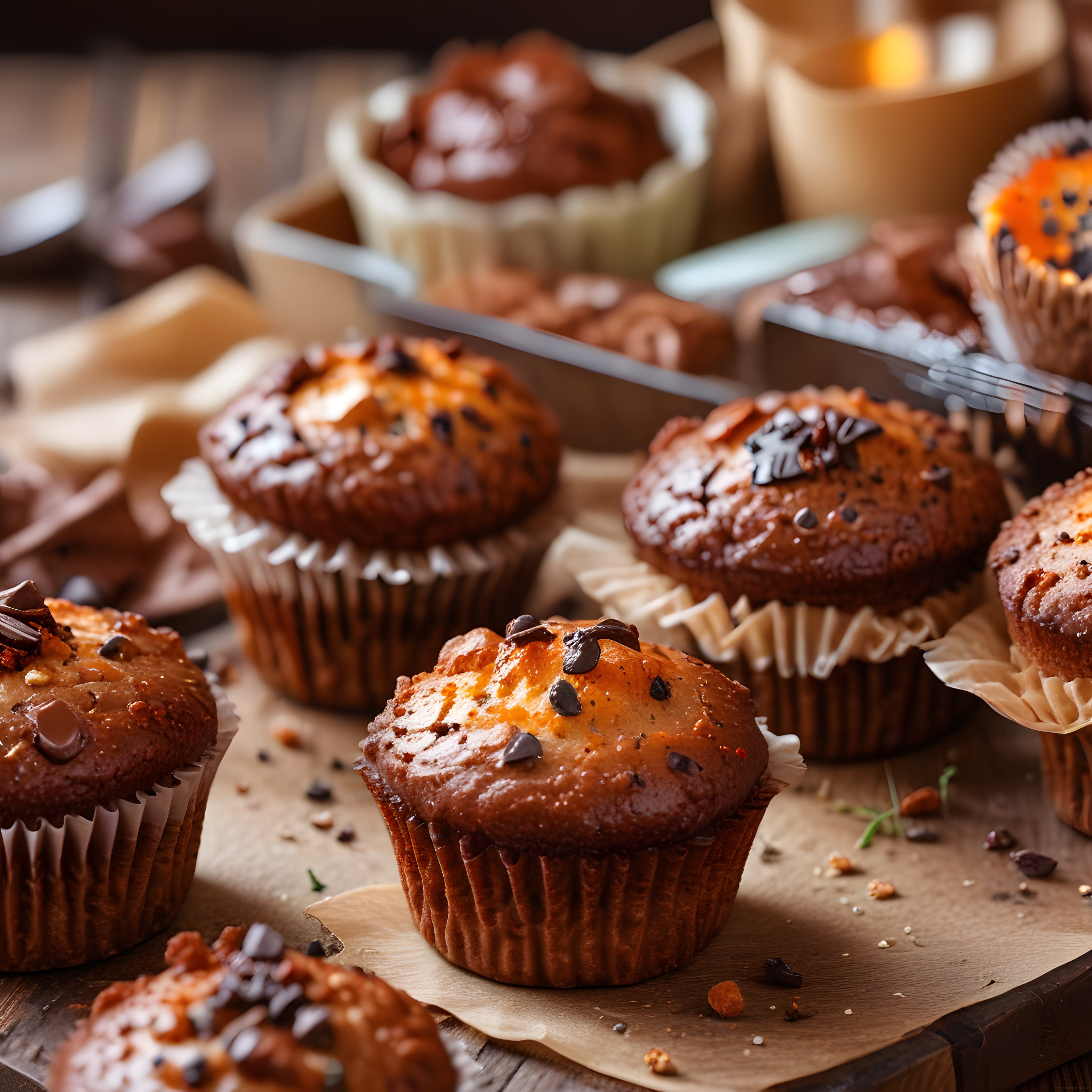 Fırından Yeni Çıkmış Çikolata Parçacıklı Ev Yapımı Muffinlerin Sıcak Sunumu