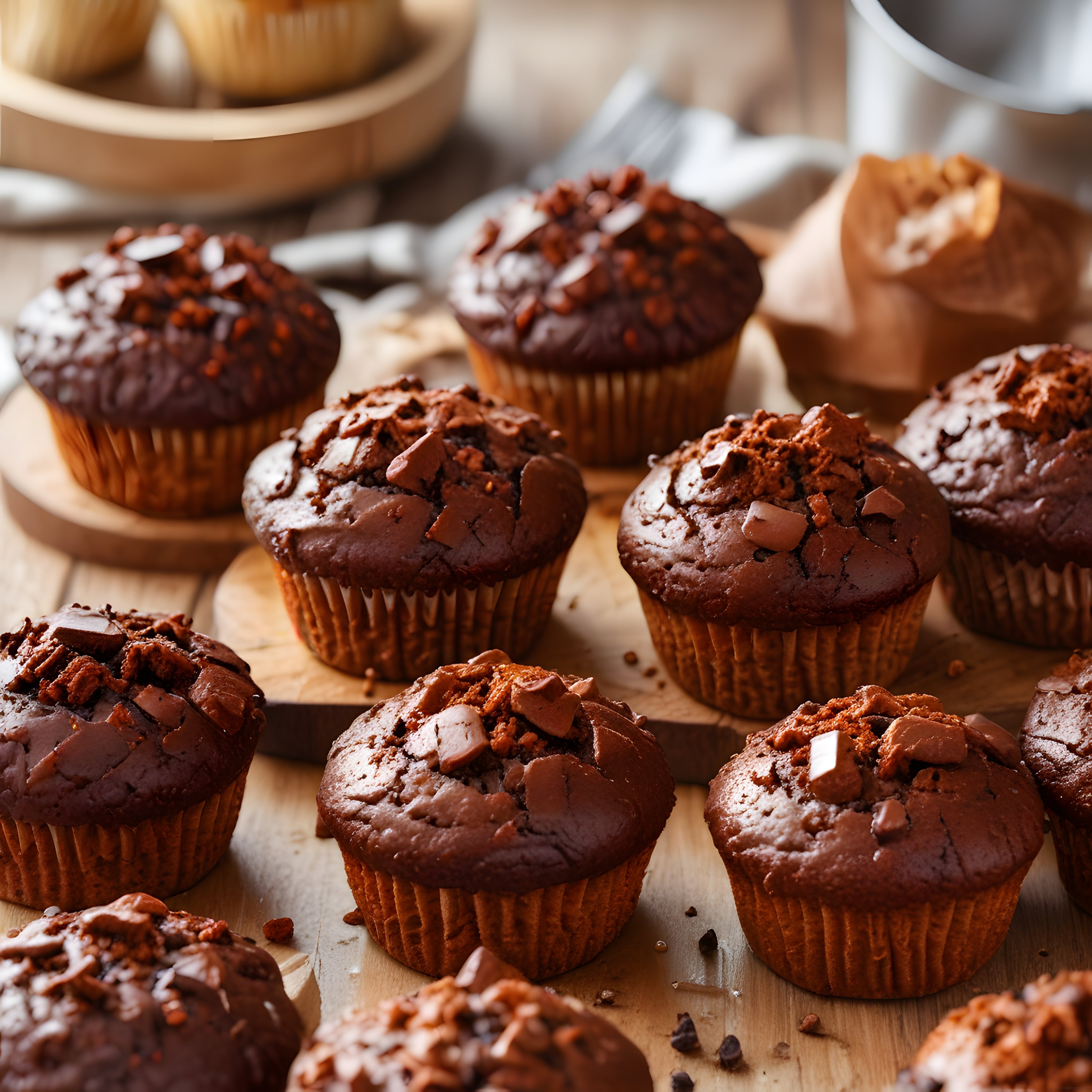 Fırından yeni çıkmış çikolatalı muffinler ve ahşap sunum tepsisi