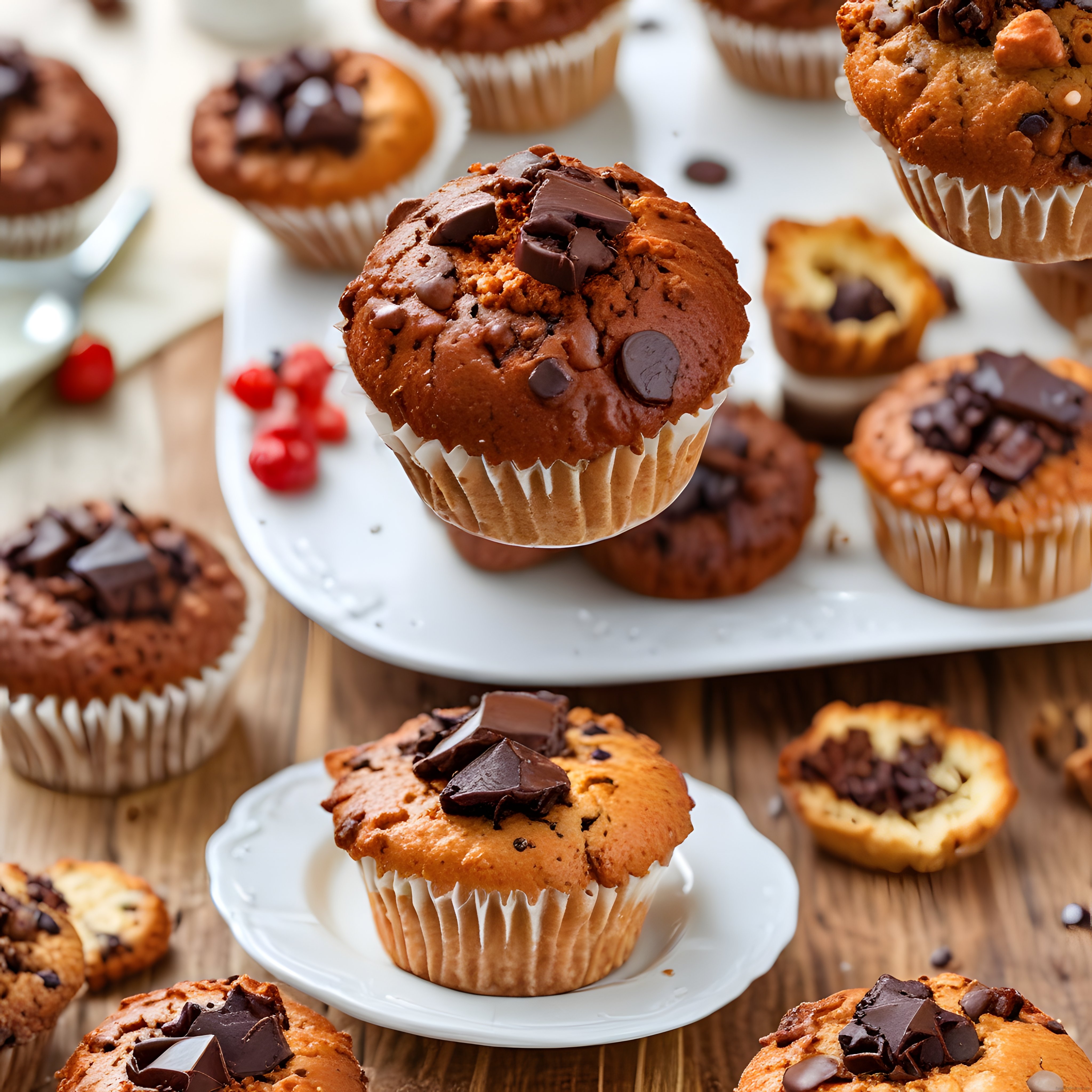 Fırından yeni çıkmış çikolatalı muffinler ve lezzet dolu tatlı sunumları