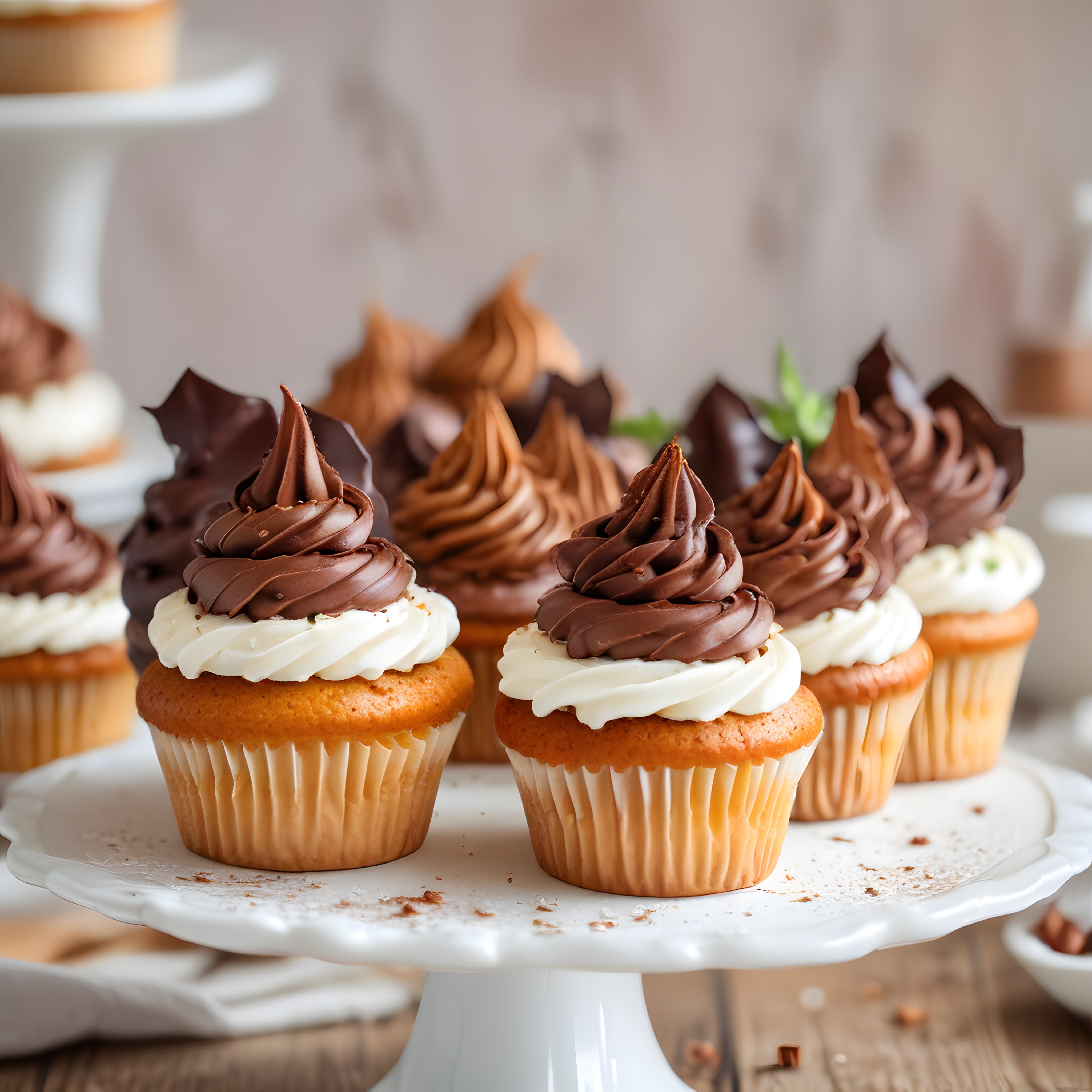 Fırından Yeni Çıkmış Çikolatalı ve Kremalı Cupcake Tatlı Sunumu